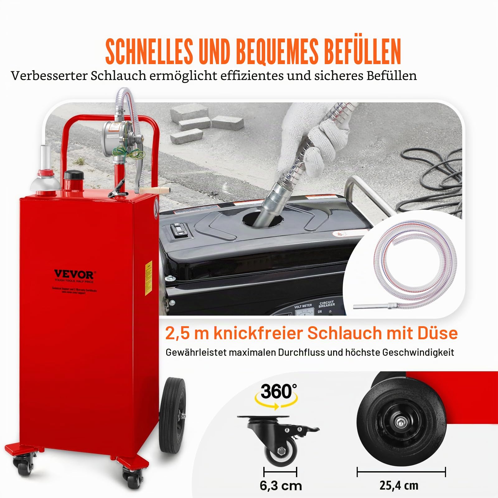 VEVOR 30-Gallonen-Kraftstoffbehälter, Gasspeichertank und 4 Räder, mit manueller Transferpumpe, Benzin-Diesel-Kraftstoffbehälter für Autos, Rasenmäher, Geländefahrzeuge, Boote usw., Rot