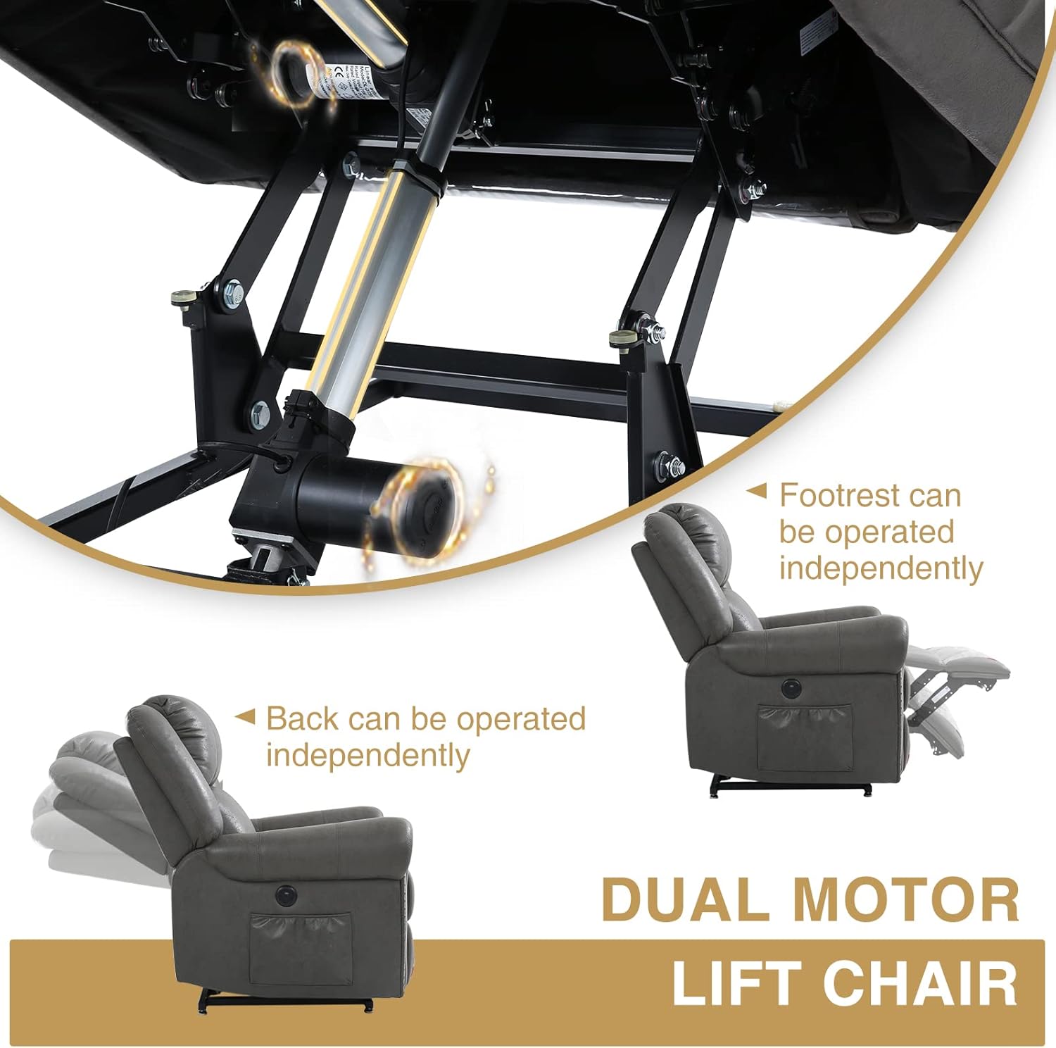 KIMOHOME Dual Motor Lay Flat Power Lift Chairs Recliners for Elderly with Heat Massage, Electric 180°Rivet Sleeping Recliner Chairs up to 350 Lbs,Grey