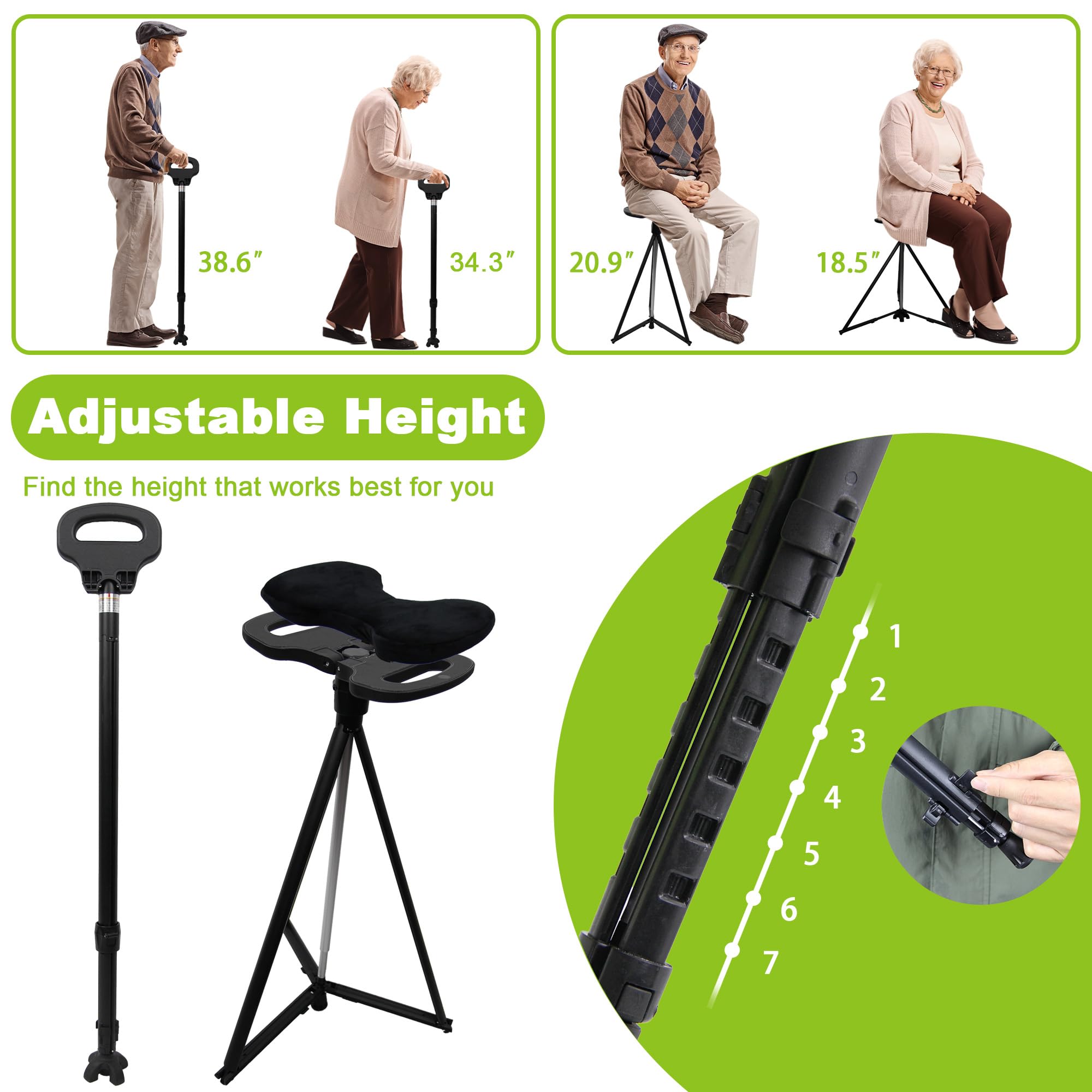 ALEVMOOM Bastone da passeggio con sedile sedia pieghevole bastone da passeggio con sedile portatile retrattile leggero per anziani viaggi all'aperto(Nero)