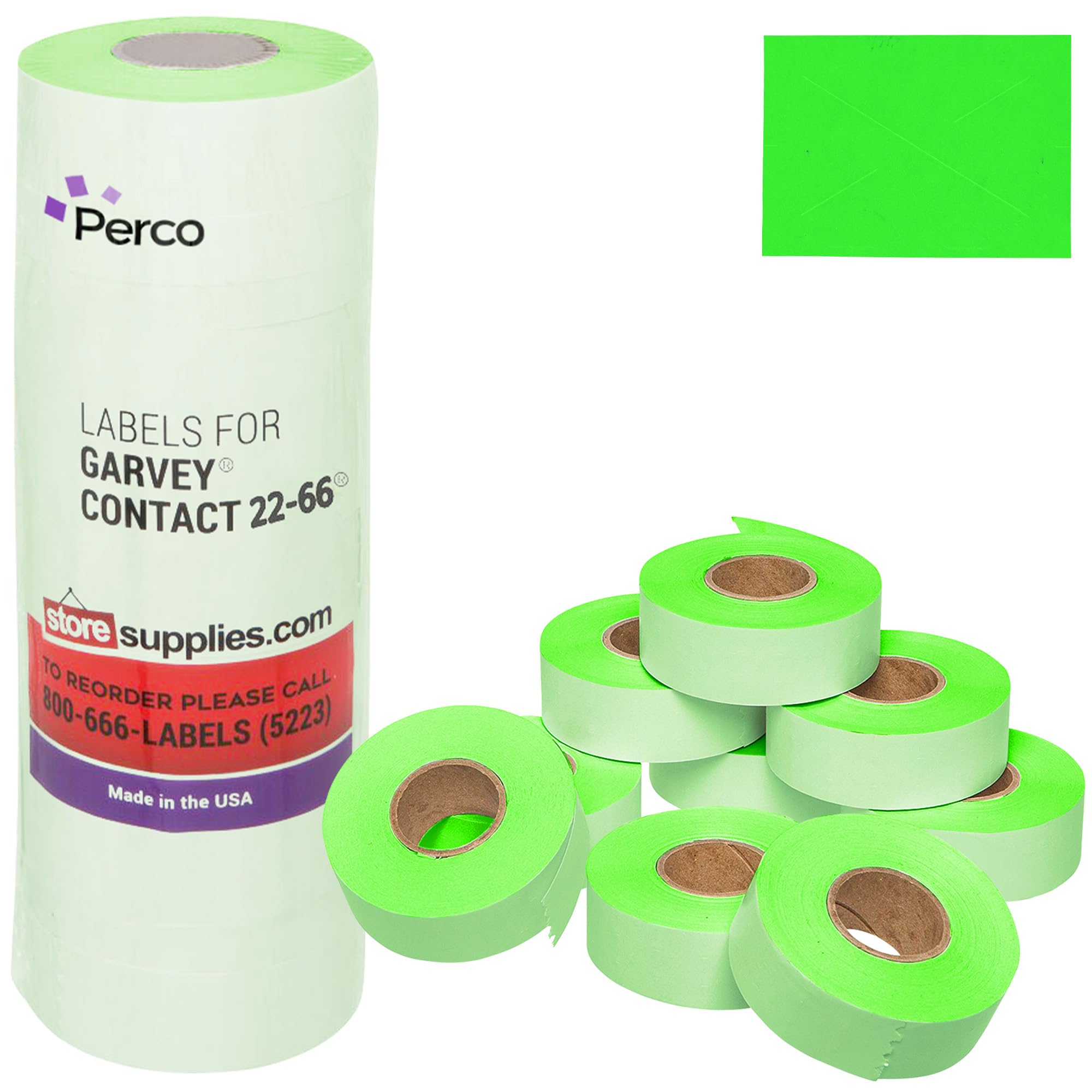 Perco Fluorescent Green Garvey 2216 Pricing Labels for Garvey 22-66/22-77/22-88 Two Line Pricing Gun - 9 Rolls, 1 Sleeve - 9,000 Pricemarking Labels