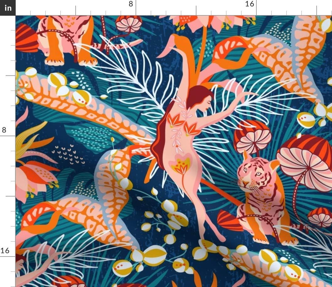 Spoonflower Fabric - Maximalist Tropical Surrealism Jungle Flowers Woman Dancer Coral Tiger Printed on Cotton Poplin Fabric by The Yard - Sewing Shirting Quilting Dresses Apparel Crafts