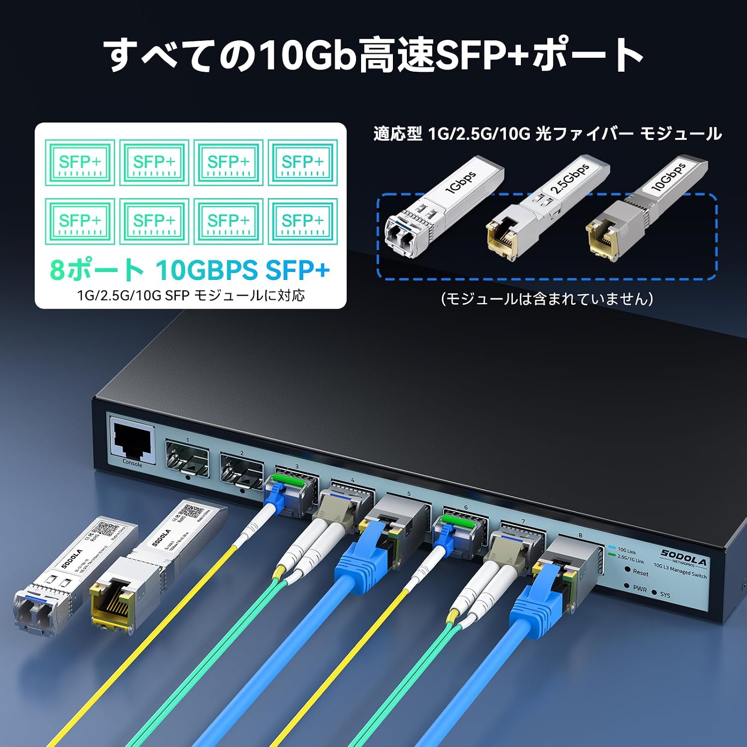 SFP+ ports with various SFP modules