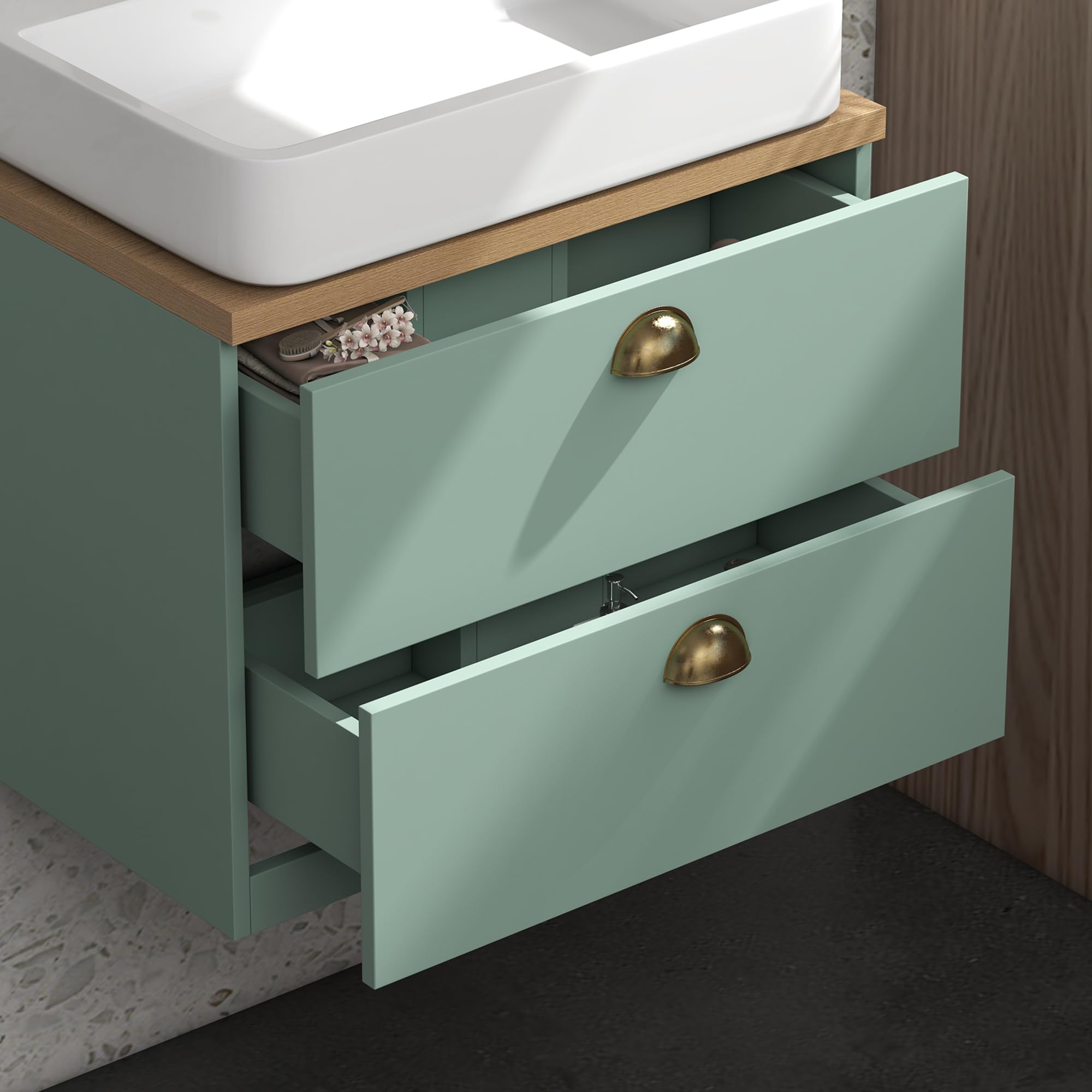 kleankin Ensemble de Meubles de Salle de Bain Armoire Miroir Salle de Bain + Meuble sous lavabo Suspendu avec étagères réglables 2 tiroirs Design scandinave Vert