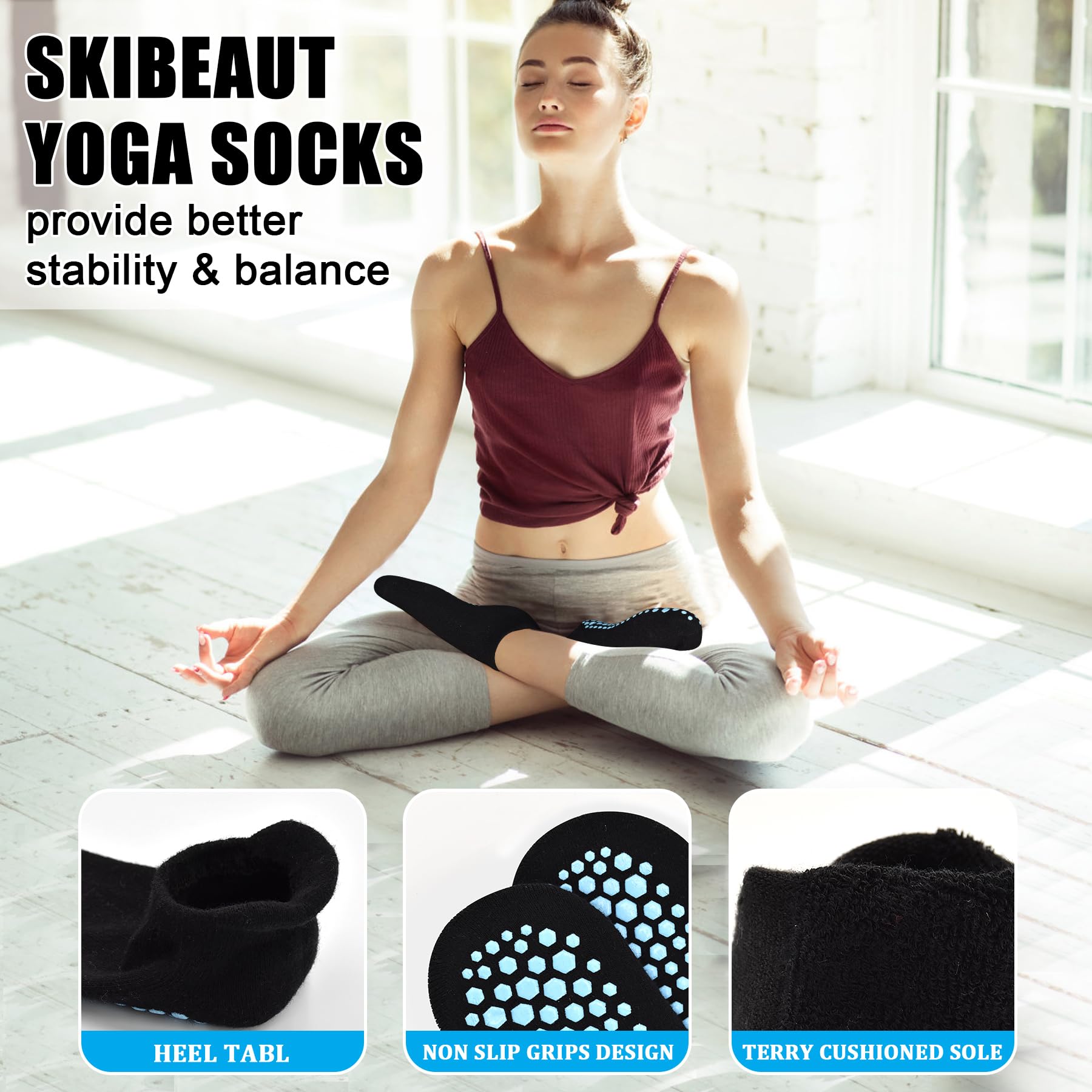 SkiBeaut Grips - Calcetines antideslizantes para mujer, 4 pares de calcetines antideslizantes para yoga, pilates, hospitales (5-12)