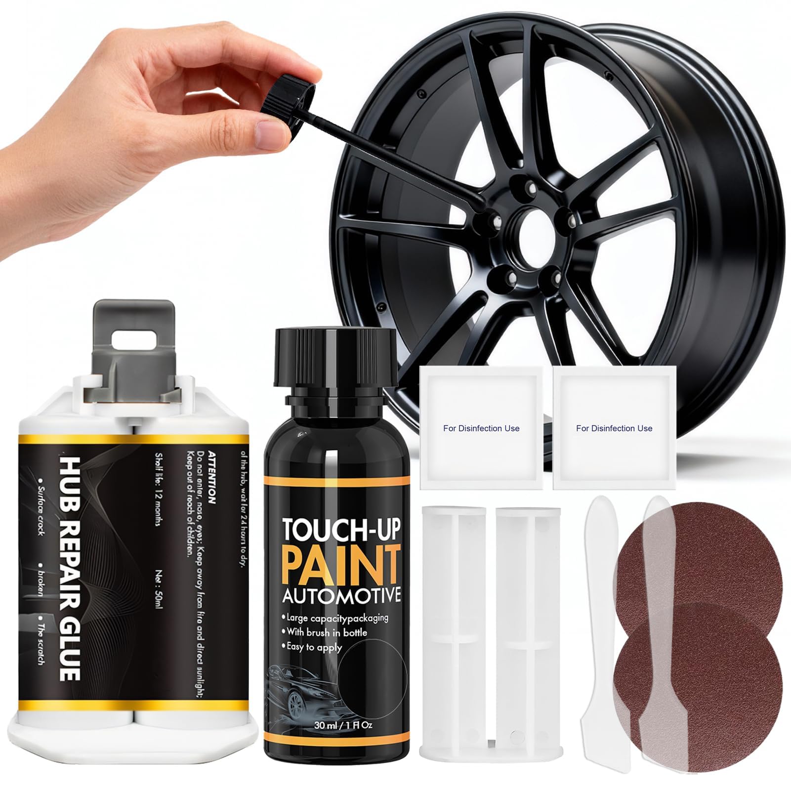 Kit Riparazione Cerchi in Lega, Vernice Cerchi in Lega, Vernice perCerchi in Lega, Abrasioni Ossidazioni Sulle Superfici dei Cerchi, Adatto per Auto, Biciclette Motociclette, Nero-02