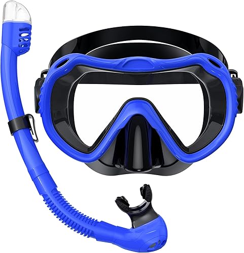 Snorkeling Gear for Adults, Snorkel Mask Set 180 Panoramic View Snorkel Gear, 100% Food-Grade Silicone Anti-Fog Anti-Leak Dry Top Diving Mask for