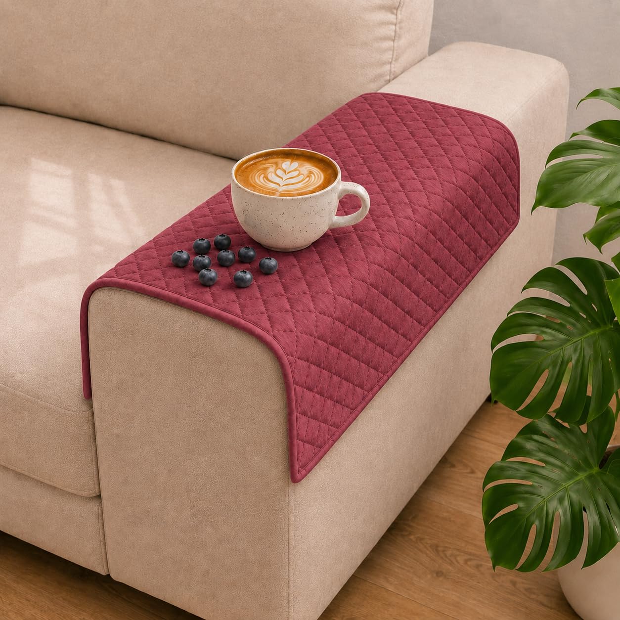 STITCHNEST Velvet Quilted Sofa Armrest - Set of 2 | Multi-Layered Fabric | 18 X 22 Inche | Color - Peach