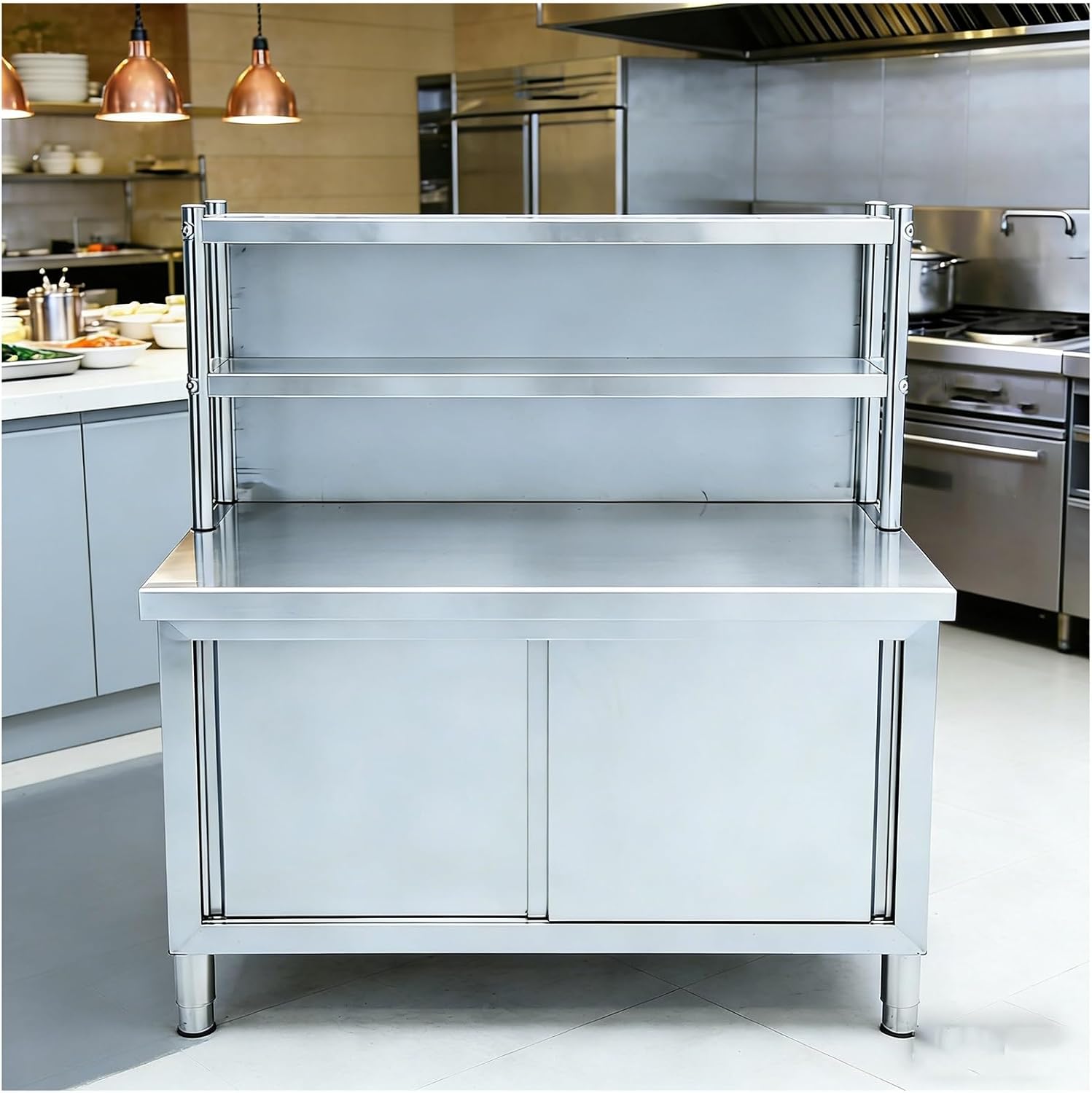 Stainless Steel Workbench Ouble-Track Sliding Doors that Open on Both Sides Double-Tier Storage Shelves with Back Panels Work Table for Home or Commercial Use Adjustable Legs Rounded Corners