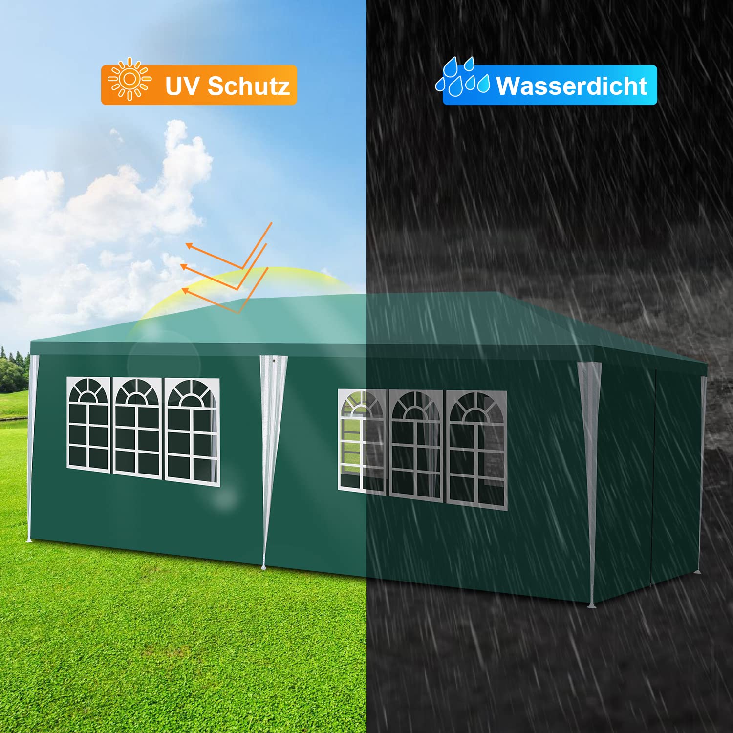 Cenador de jardín, Resistente al Agua, Estable, Resistente al Invierno, con 4 Paneles Laterales y Ventanas, protección UV 50+, para Mercado, Festivales, mercadillos y Camping, Verde, 3 x 6 m