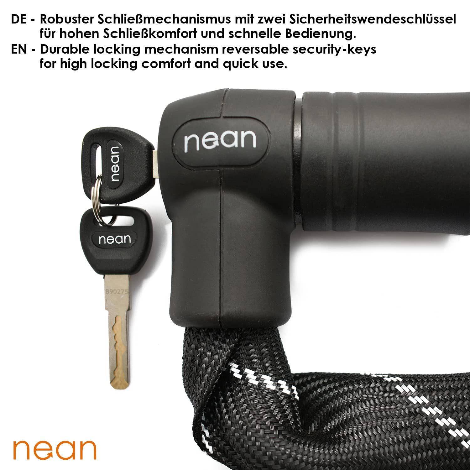 nean massives Motorradschloss, Fahrradschloss, E-Bike Kettenschloss, 2x Sicherheit Schlüssel, hohe Sicherheit und extra robuste Gewebeummantelung, gehärtete Vierkant Stahlkettenglieder, 10x10x900mm Sport & Freizeit