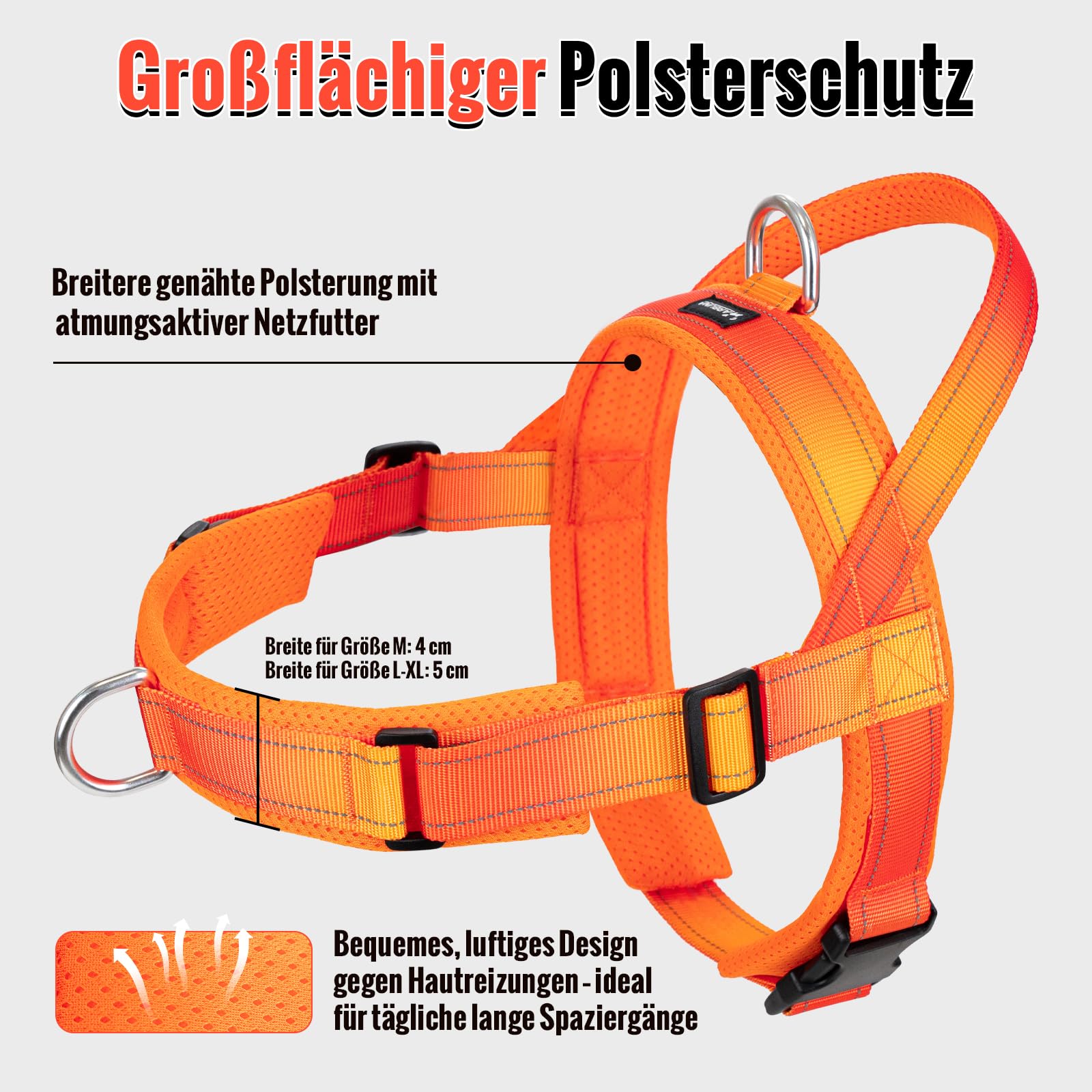 Arblina Hundegeschirr, Anti-Zug Hundegeschirr für Mittelgroße und Große Hunde, T-förmiges Anti Zieh Hundegeschirr mit Reflex, Brustgeschirr Gepolstert für Pitbull, American Bullies, Orange L