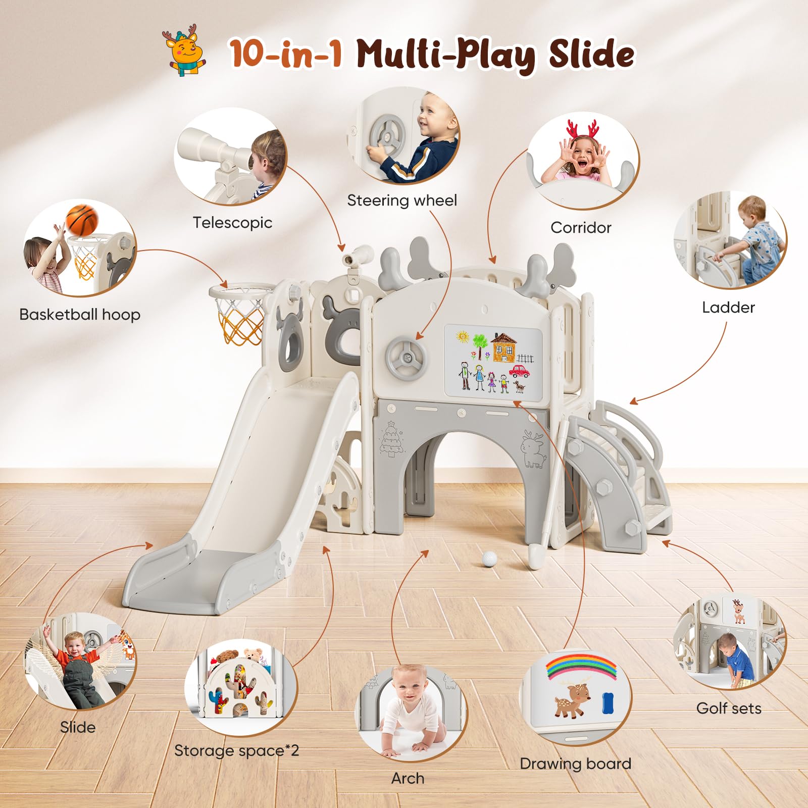Krovtoy Scivolo per bambini a tema alce di Natale, indipendente con set da golf, Attrezzatura per parco giochi con scivolo per bambini, per uso interno (beige grigio- 6 in 1)