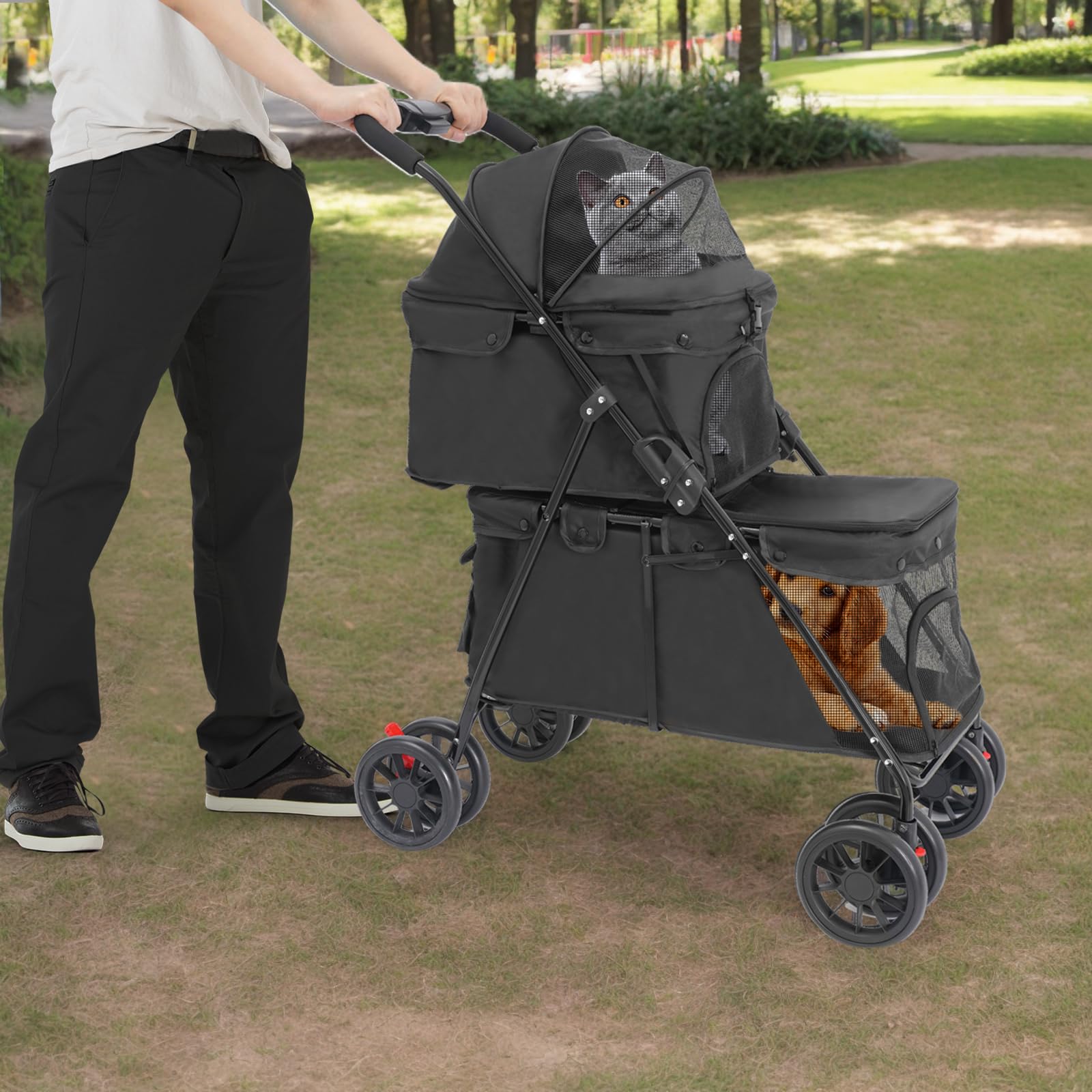 Passeggino pieghevole per cani, 2 ripiani, per cani e gatti, con custodia e cinture di sicurezza, per cani e gatti (nero)
