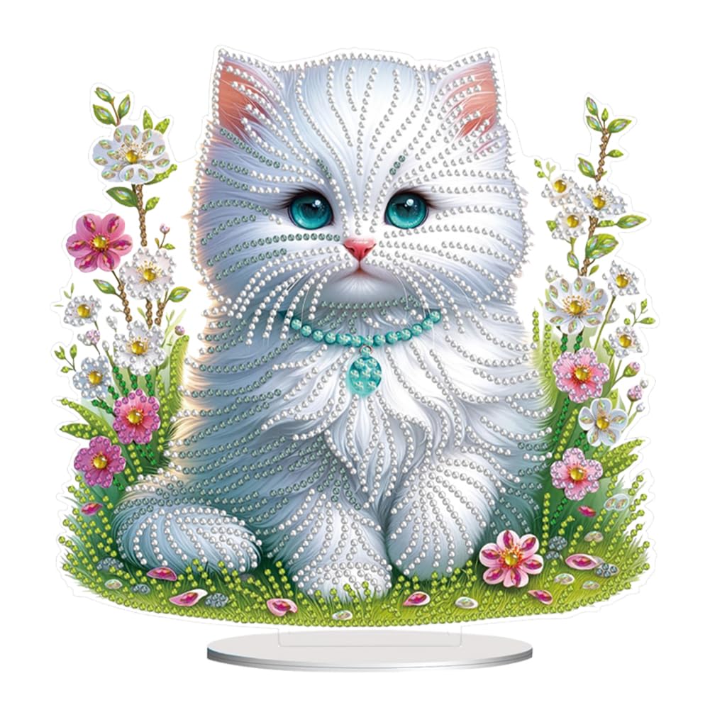 5D DIY Diamond Art Ornament Desktop Kit Cat, Stand Up Acrylic Diamonds Painting Ornament Kit for Adults, Special Diamond Gem Craft Tabletop Placement Board Kit