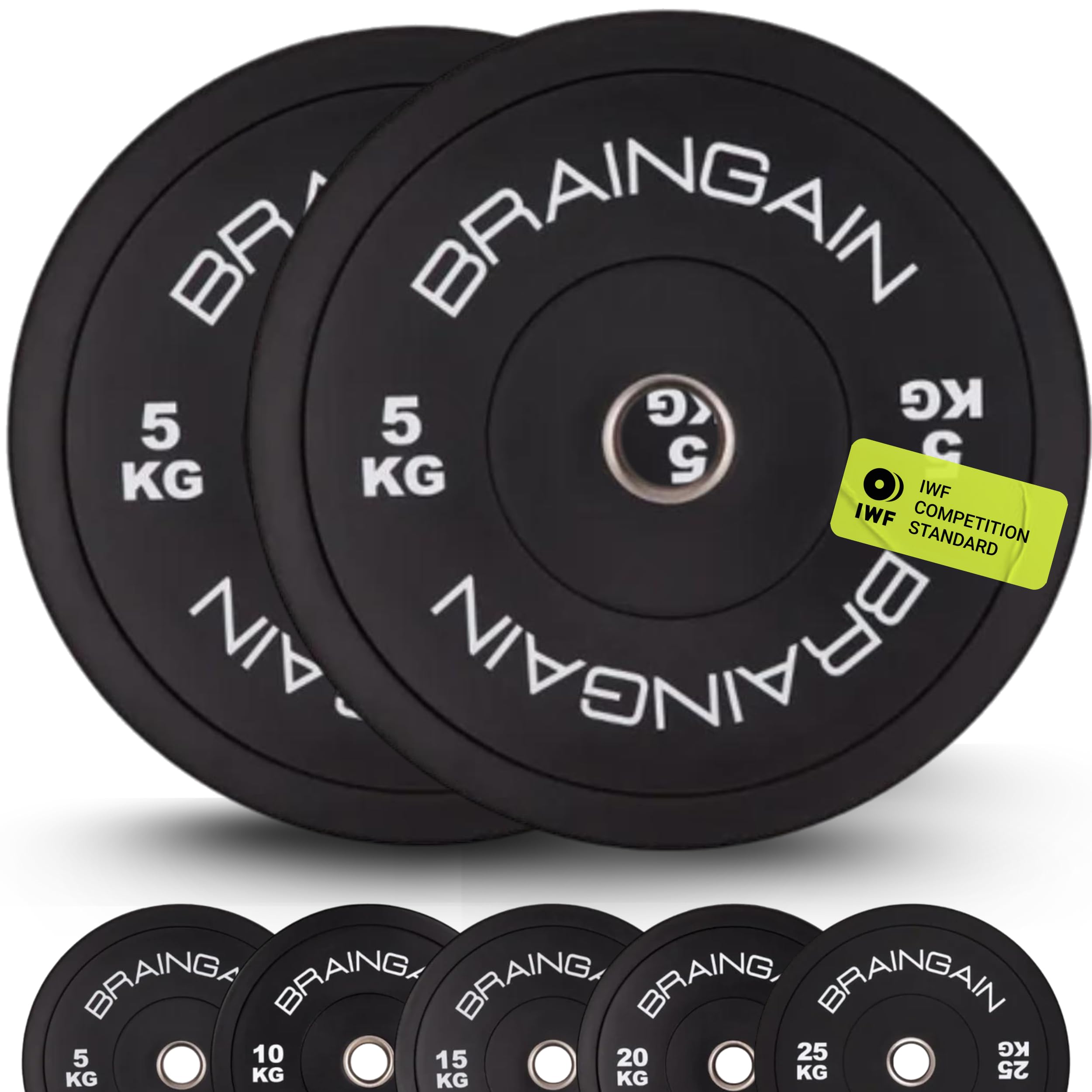 BRAINGAINOlympic Bumper Plates PAIR 1.5kg 2.5kg 5kg 10kg 15kg 20kg 25kg 100kg 150kg 2" Solid Rubber Weight Plates for Barbell Strength Training and Weight Lifting