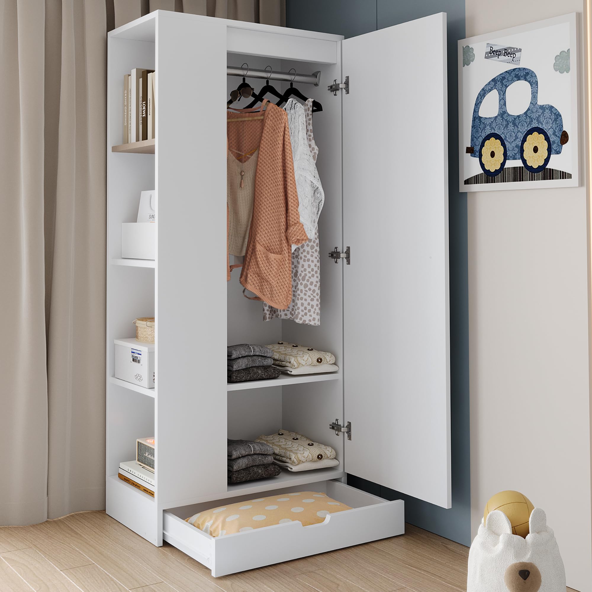 Moimhear Armadio 70 x 40 x 170 cm, versione singola con ripiani e cassetti, puro, adatto per camera da letto (bianco)