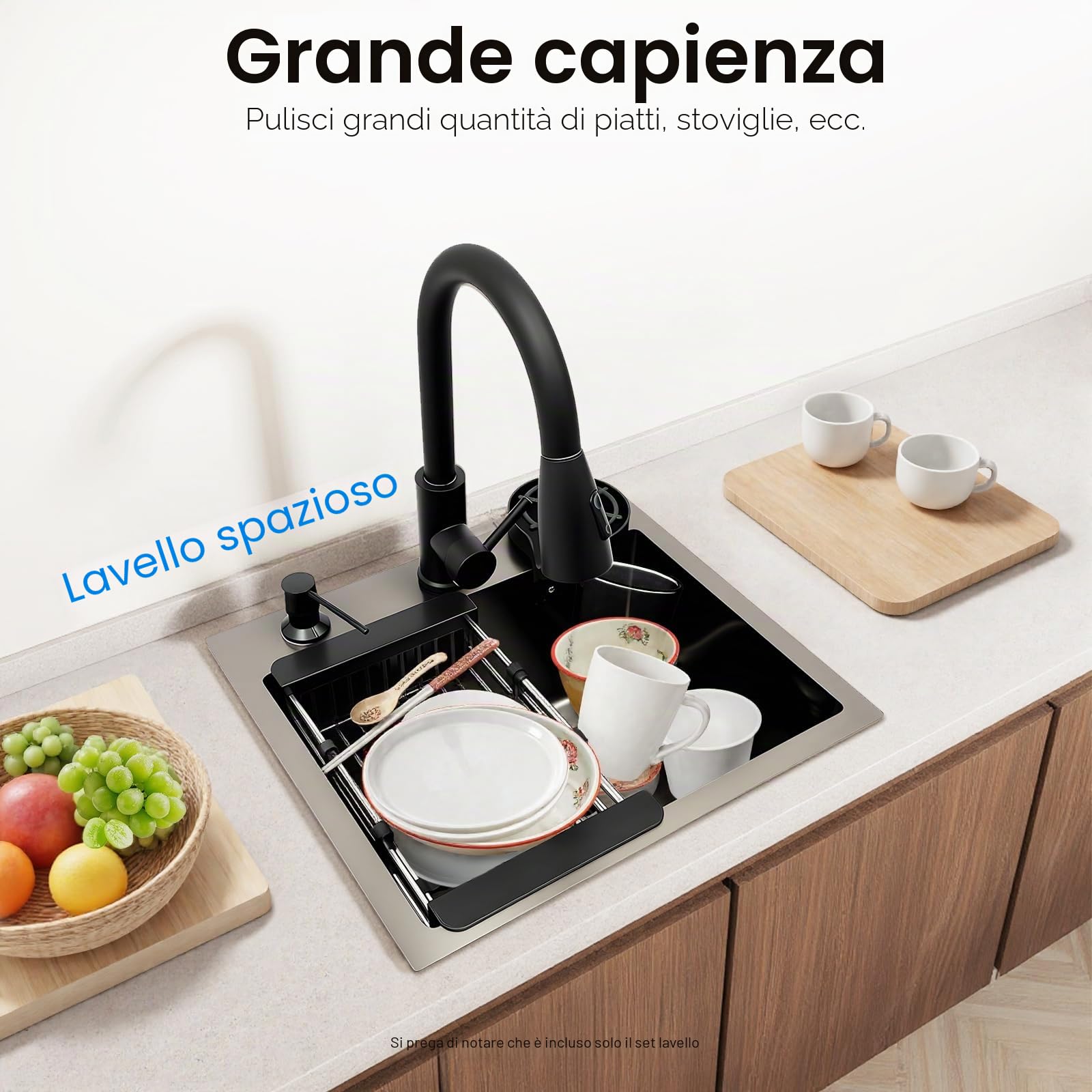 Lavello Nero Lavandino Nero 40x45cm Lavello da Incasso Linea a X Lavello da Cucina Cucina Lavello Includi Rubinetto Estensibile, Spazzola per Tazze, Sgocciolatore e Distributore di Sapone
