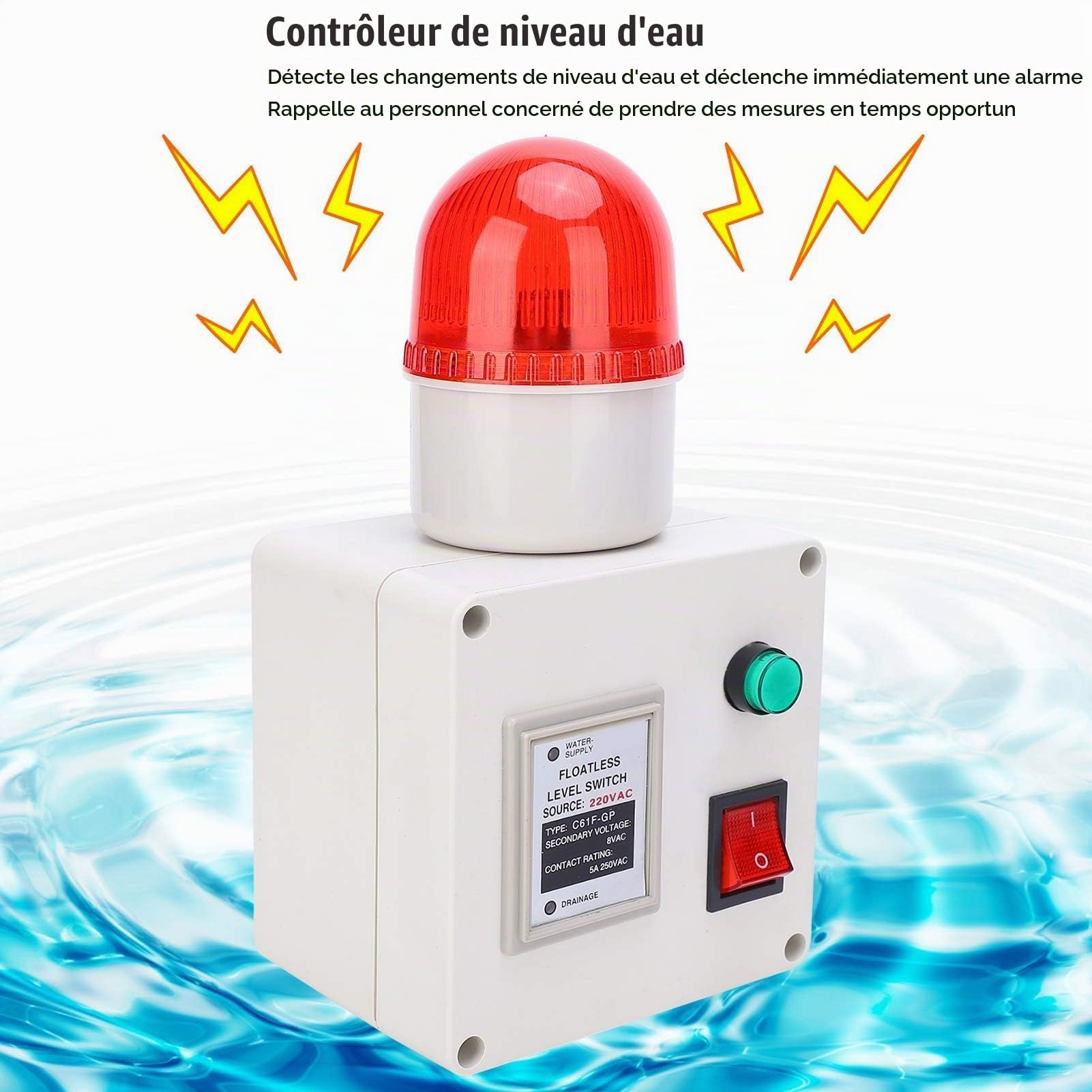 Interrupteur de Niveau d'eau, Capteur de Niveau de Liquide Bas, ContrôLeur D'alarme de Manque d'eau 90 DB avec Silencieux Prise UE 220 V, avec Résistant à La Corrosion