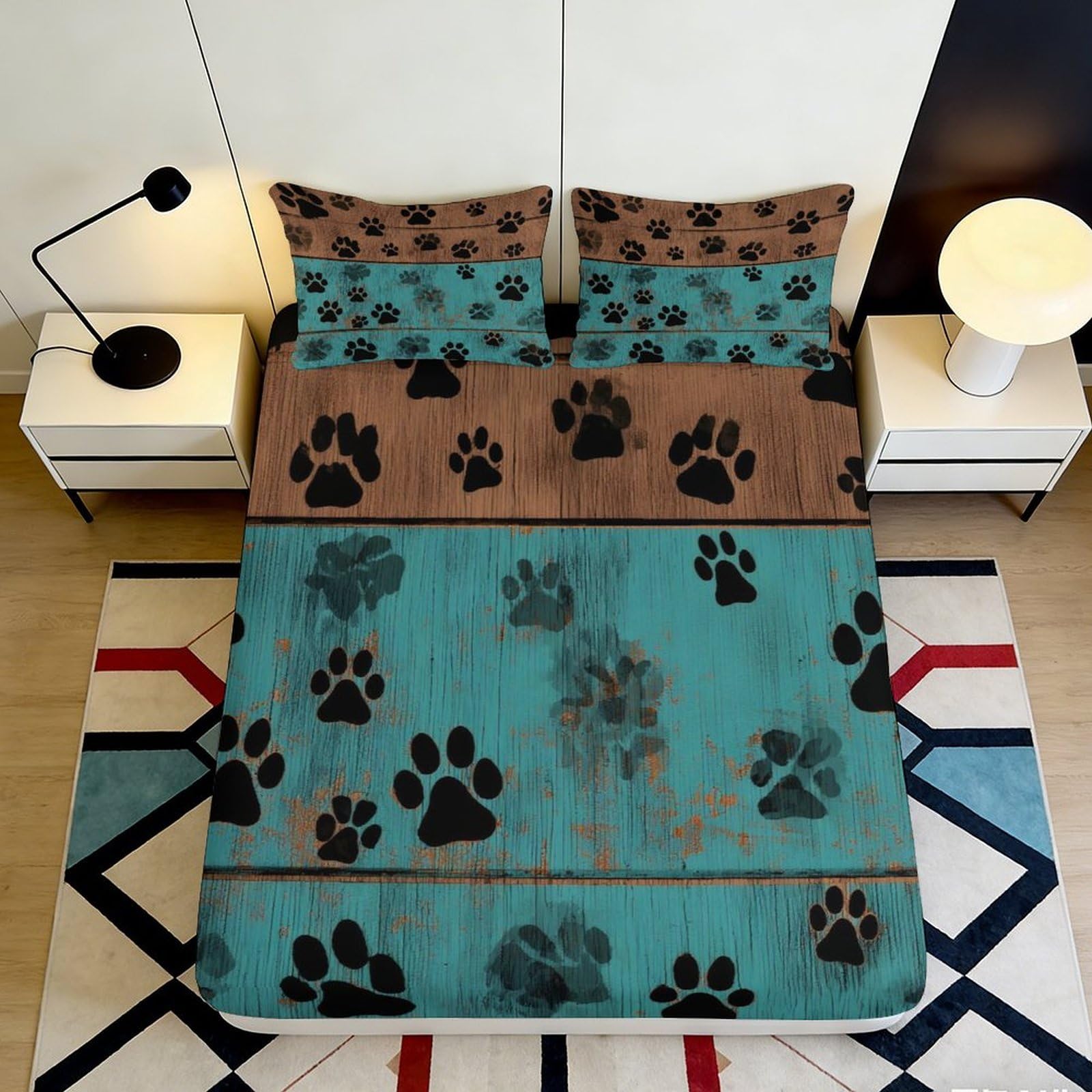 3D Printed Paw Pattern Fitted Sheet Microfiber Deep Pocket Non-Slip Paw Mattress Fitted Cover for Bedroom Adults 200x200x25cm 90x200x25cm
