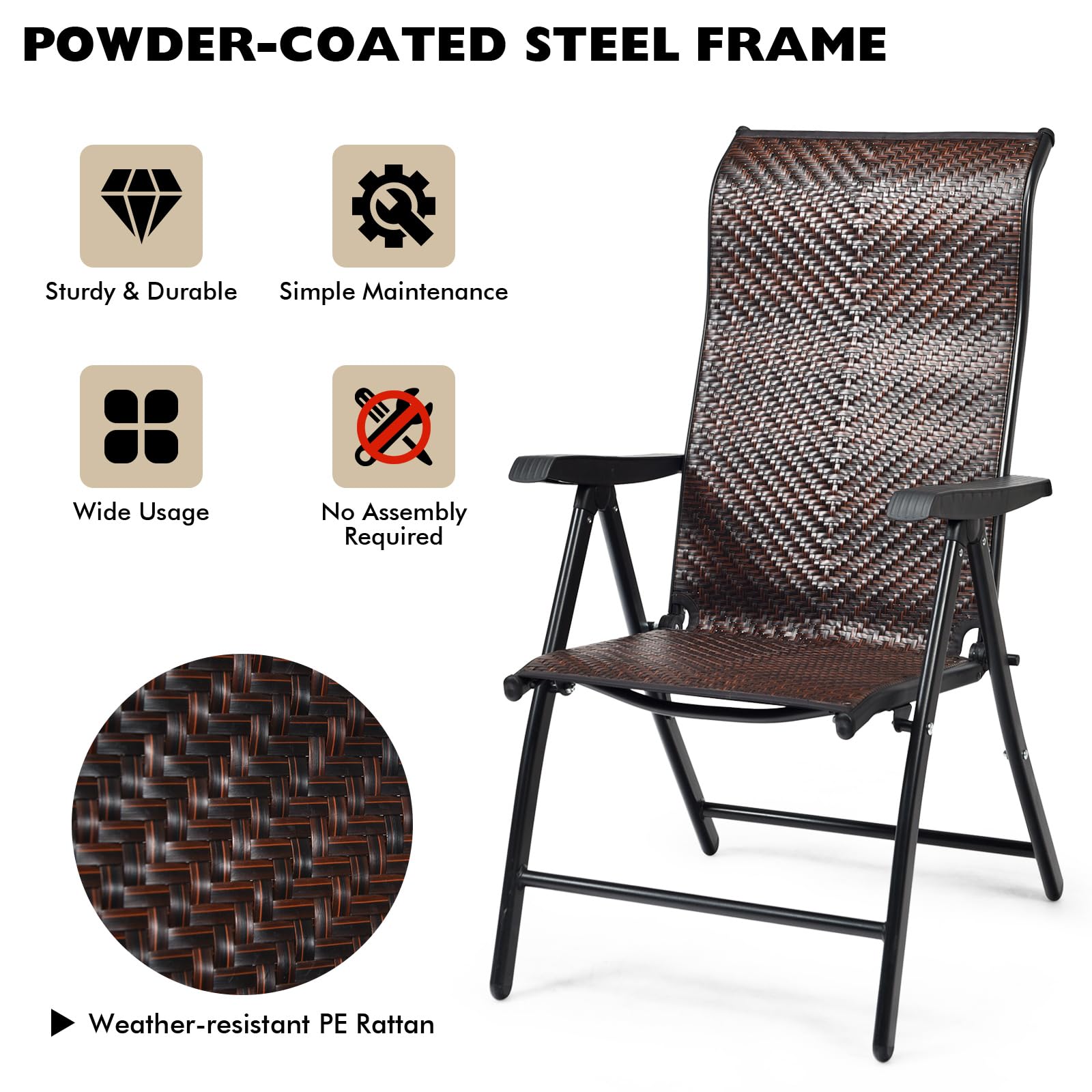 LIFEZEAL Sedia da Giardino in Rattan PE, Sedie Pieghevoli da Interno e Esterno, Poltrona di Vimini con Schienale Reclinabili per Balcone, Sedia a Sdraio con Telaio in Metallo, Portata 120 kg (1)