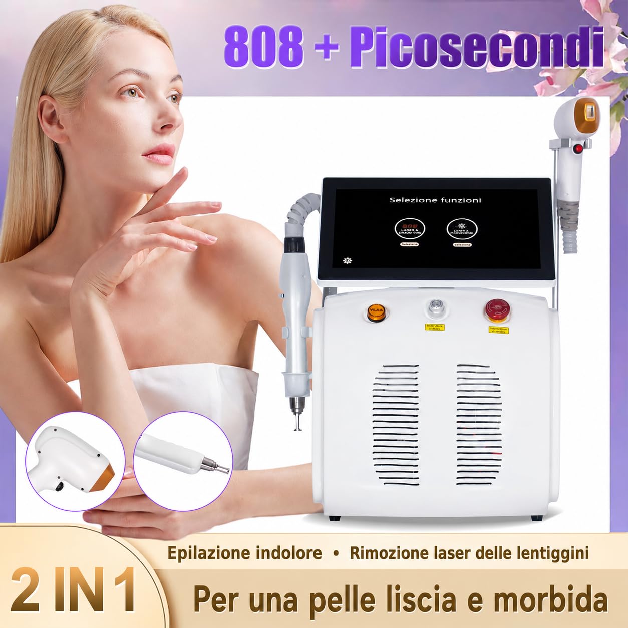 Macchina laser professionale 2 in 1 808 nm e picosecondi NDYAG, dispositivo estetico per epilazione viso e corpo, rimozione tatuaggi, raffreddamento integrato, schermo tattile, 2 manipoli