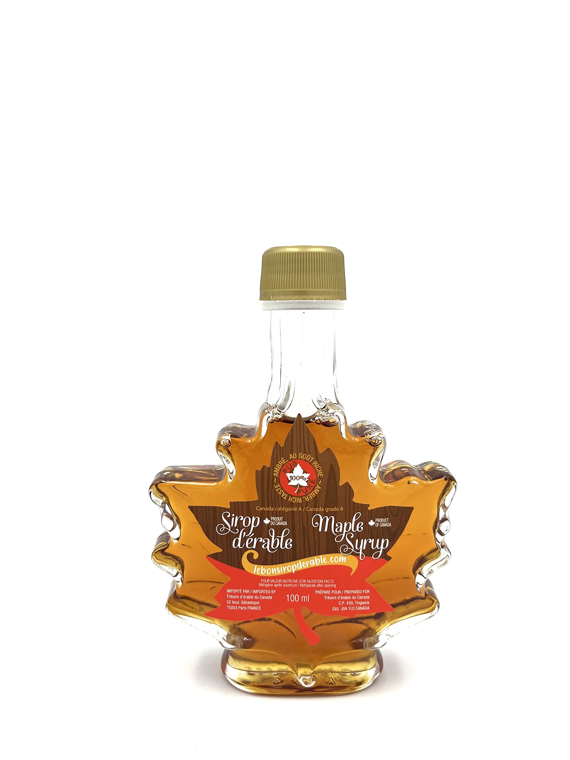 Sirop d'érable ambré bouteille feuille - 100 ml - pur à 100% - Les trésors d'érable