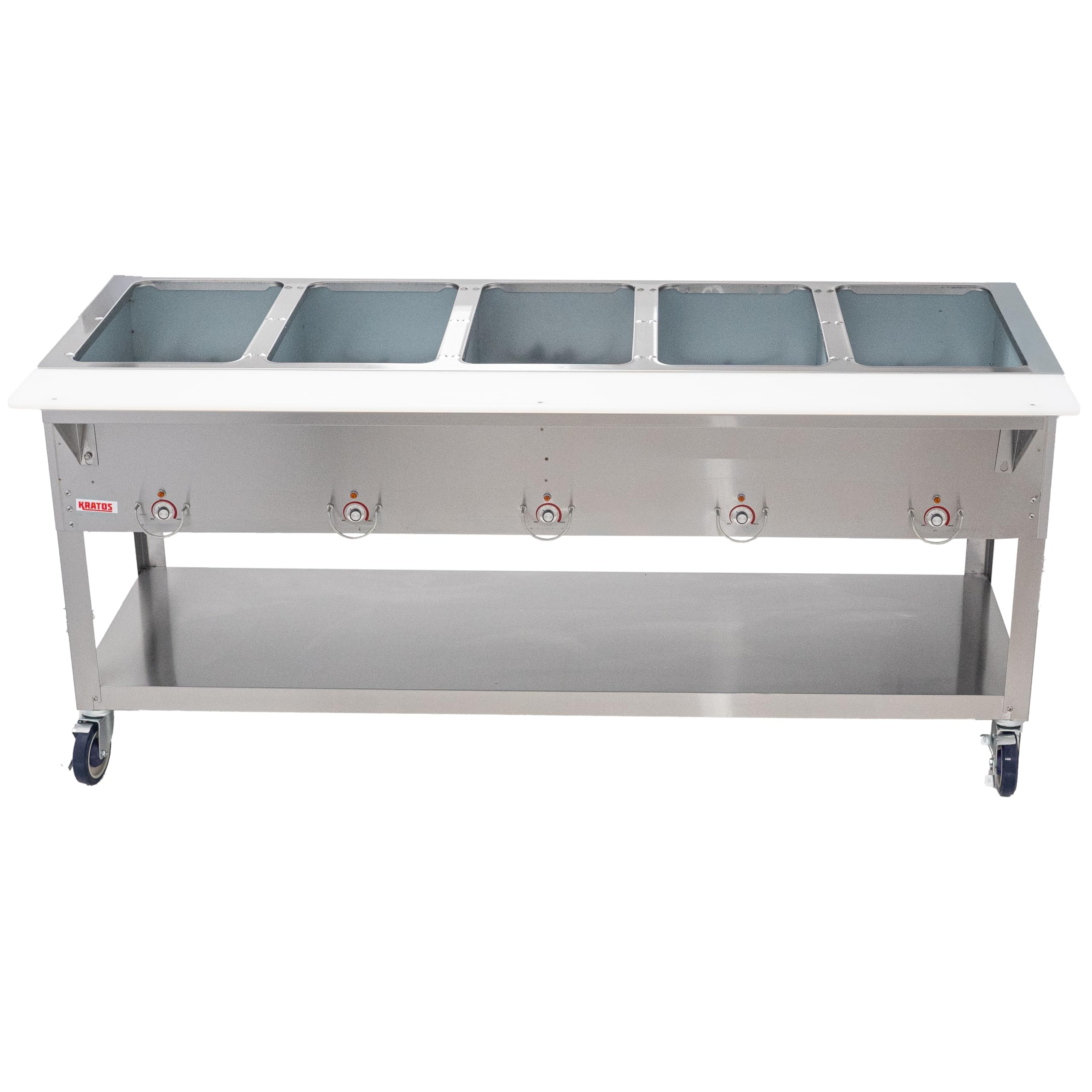 Kratos 28W-200 Mobile Stationary Five Pan Open Well Electric Steam Table with Undershelf, 240V, 3750W