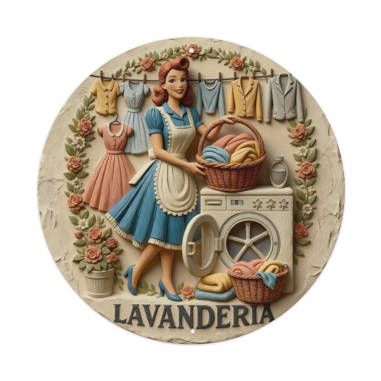 Retro Woman Laundry Basket Clothes Round Metal Tin Sign Vintage Wall Decor, Bar Garage Cafe Kitchen Home Wall Art Poster 8x8inches