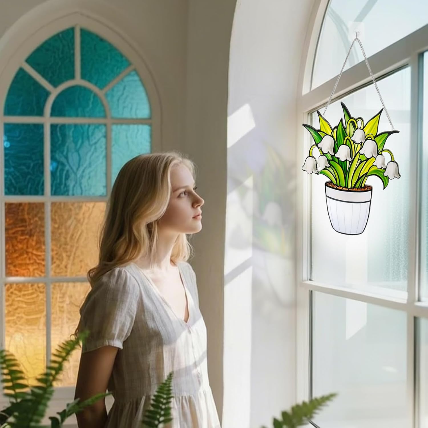 Lily of The Valley Flower Stained Glass Window Hanging Sun Catcher - 10”Handmade Real Stained Glass Suncatcher - Decoration for Home Garden Christmas Party Wedding Housewarming Gifts