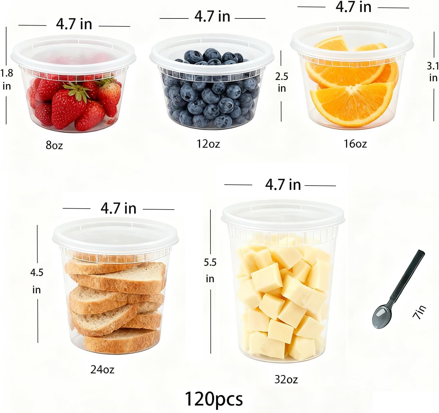 120 Sets (220-Piece) Deli Containers with Lids, 32/24/16/12/8 OZ X 20 Set Each,20 Spoons,Leak-Proof Plastic Airtight Takeout Meal Prep StorageBPA Free,Freezer/Microwave/Dishwasher Safe - Image 3