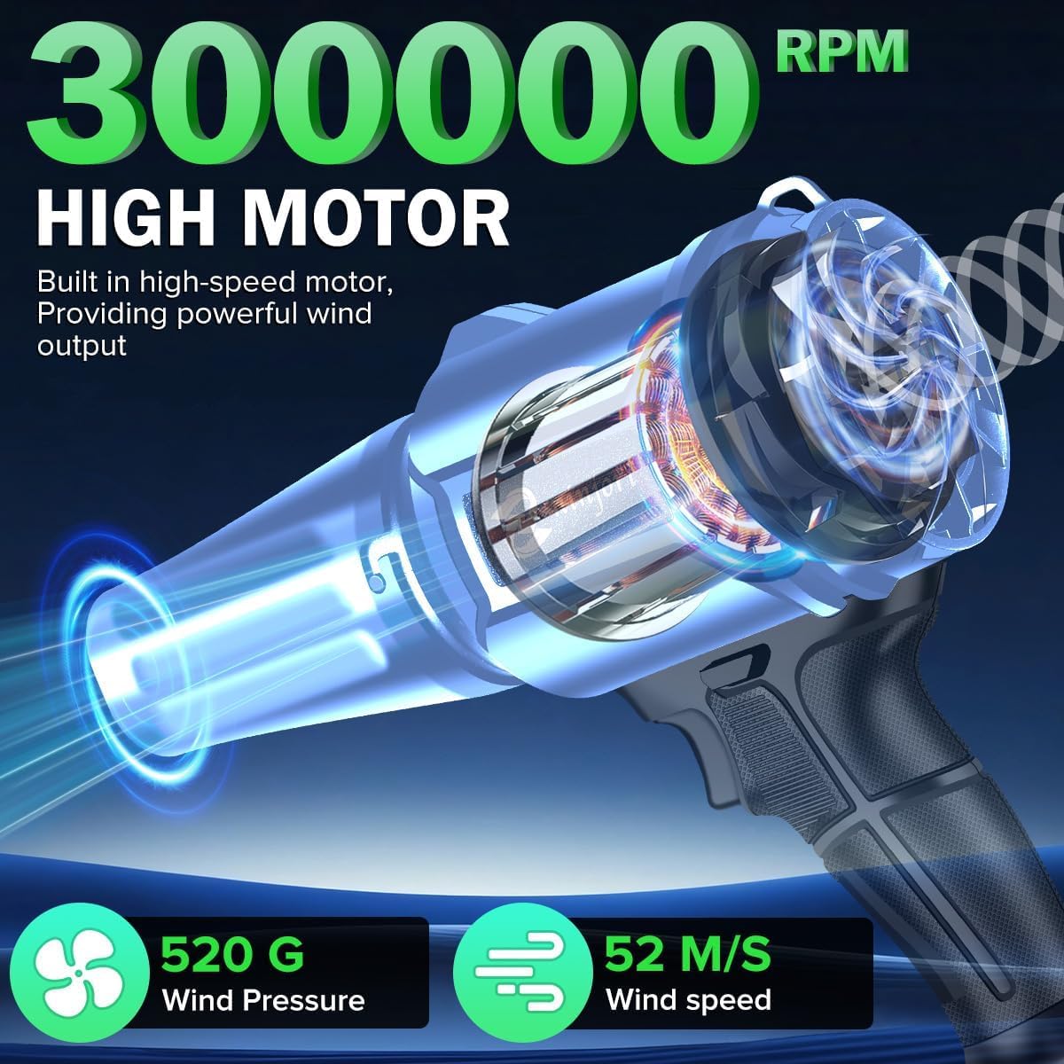 Ventola turbo da 3000 W, a batteria, con 2 batterie, 30.000 giri/min, motore senza spazzole, soffiatore elettrico per foglie, neve e polvere, regolabile in modo continuo (nero)