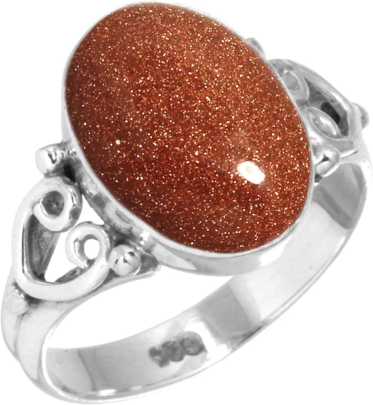 JEWELOPORIUM Brown Gold Sunstone Silver Ring Size 5 to 13, 925 Sterling Silver Ring for Women, Oval Gemstone Boho Jewelry