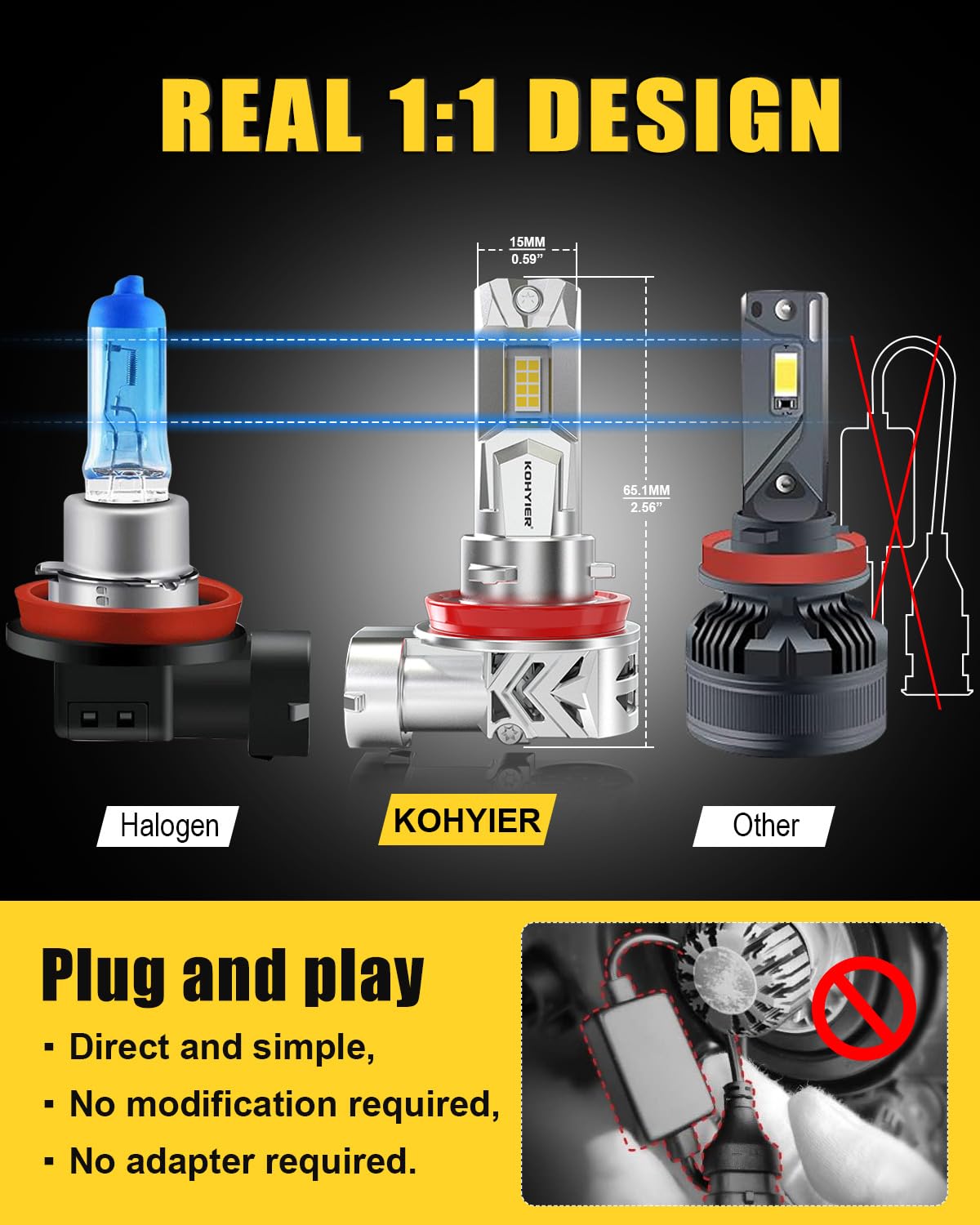 Żarówka LED H11 100W 40000LM, 800% Jaśniejsza Światło Białe 6000K, Miniaturowa Żarówka Przednia H11 H9 H8 LED W Skali 1:1, System Plug And Play, Opakowanie 2 Sztuki