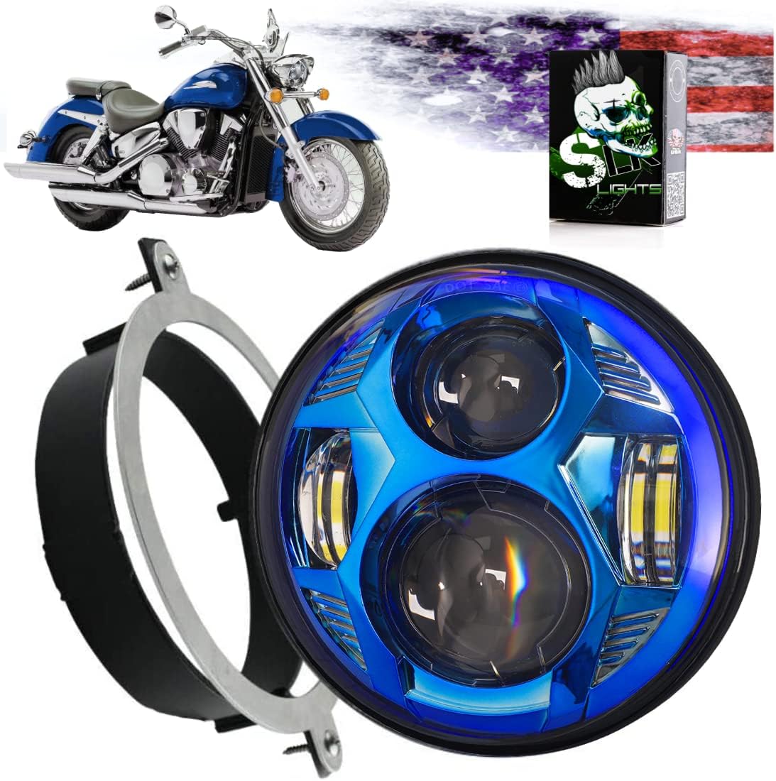 SLK-Customs VTX 5 3/4" LED Headlight Kit with Bracket and Hardware - Plug and Play Daymaker - Compatible with Honda VTX non F models (Blue)
