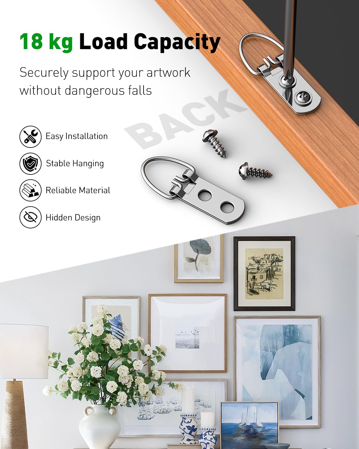 Uniclife 60 Pcs D Ring Picture Hangers with Screws, 18 Kg Load Heavy Duty Picture Hanging Hardware - Image 3