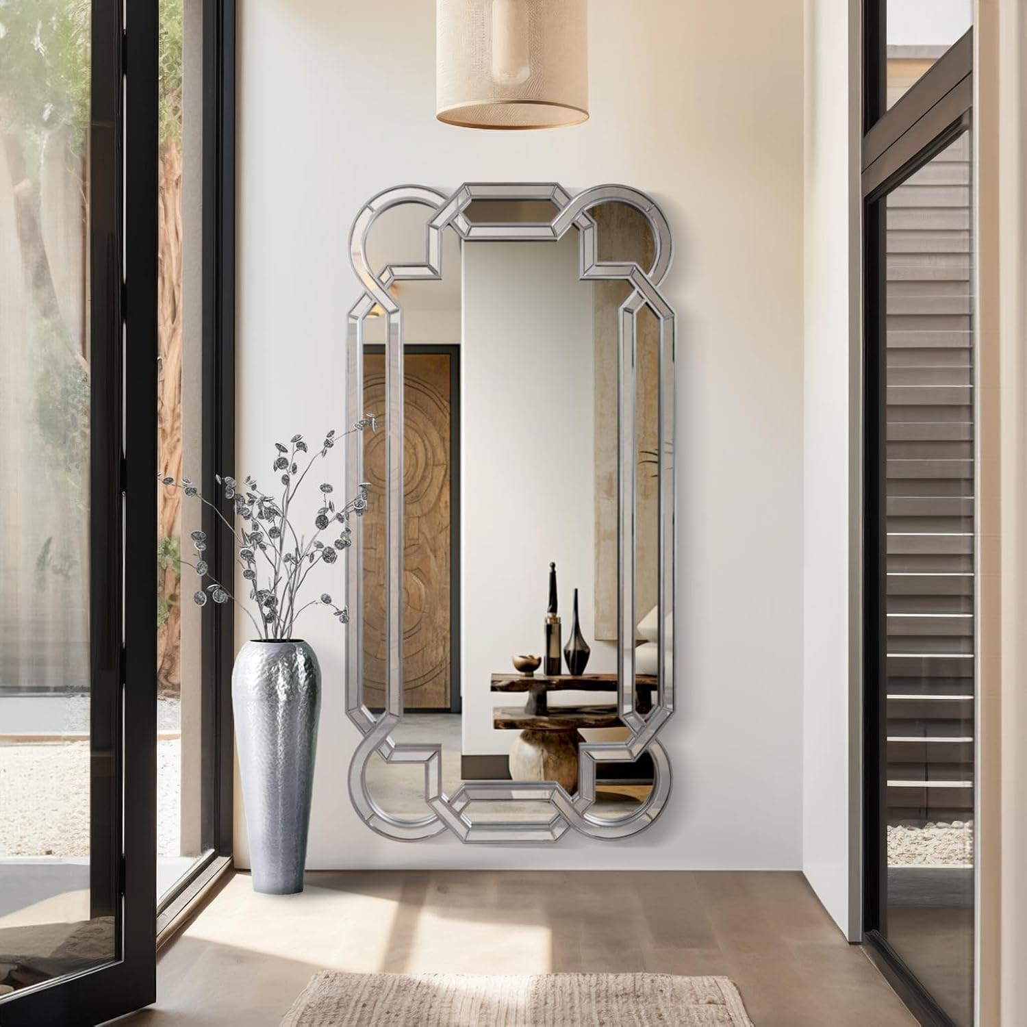 Howard Elliott Collection Aleena Silver Oversized Full Length Wall Mirror, Tall Rectangular Wall Hanging Mirror with Arch Curves and Beveled Glass for Bedroom and Living Room, 80 x 40 Inch