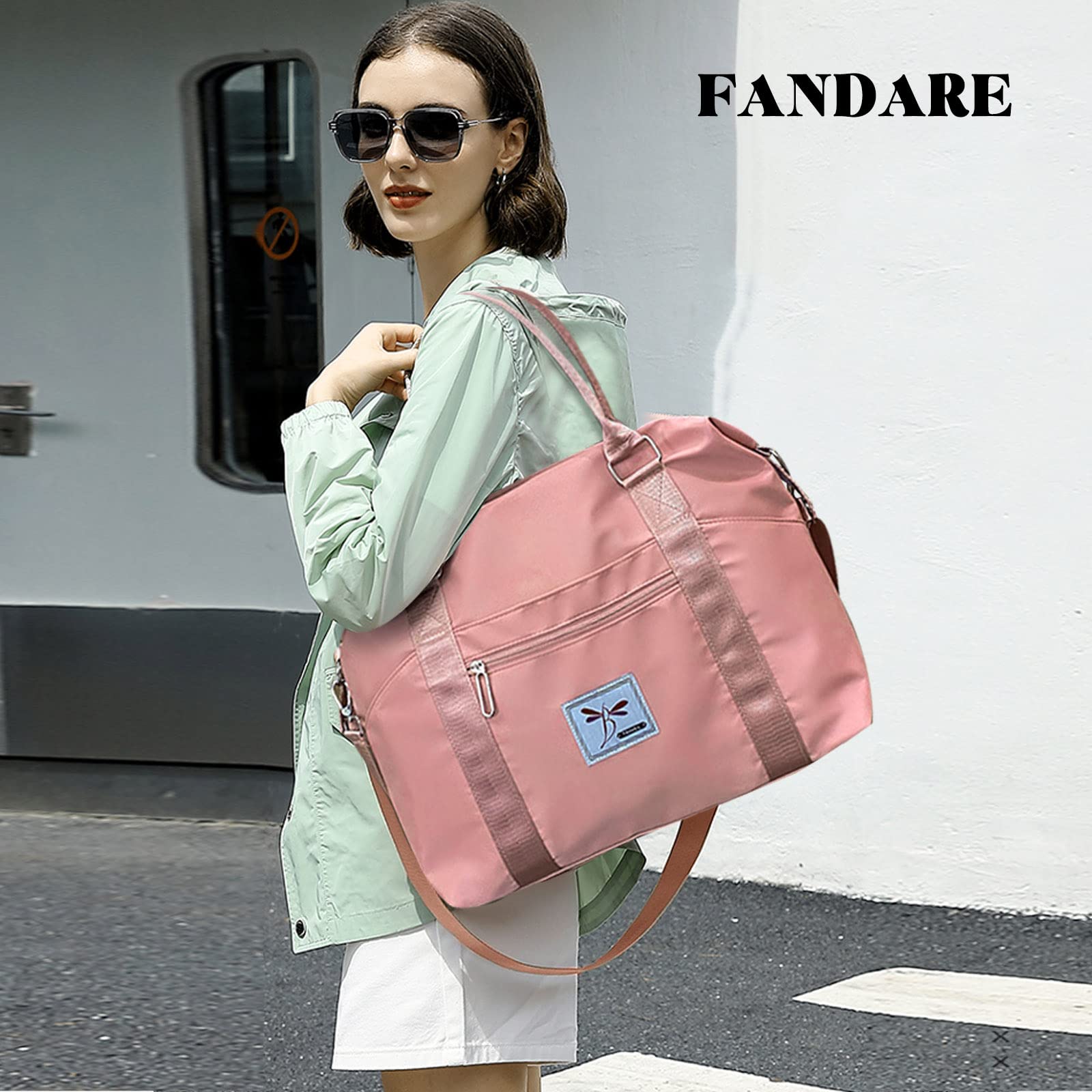 FANDARE Damen Reisetaschen Klassische Sporttaschen Herren Handgepäck Weekender Umhängetasche Übernachtung Kliniktasche Schwimmtasche Trainingstasche Handtasche für Reise Gym Flugzeug Rosa