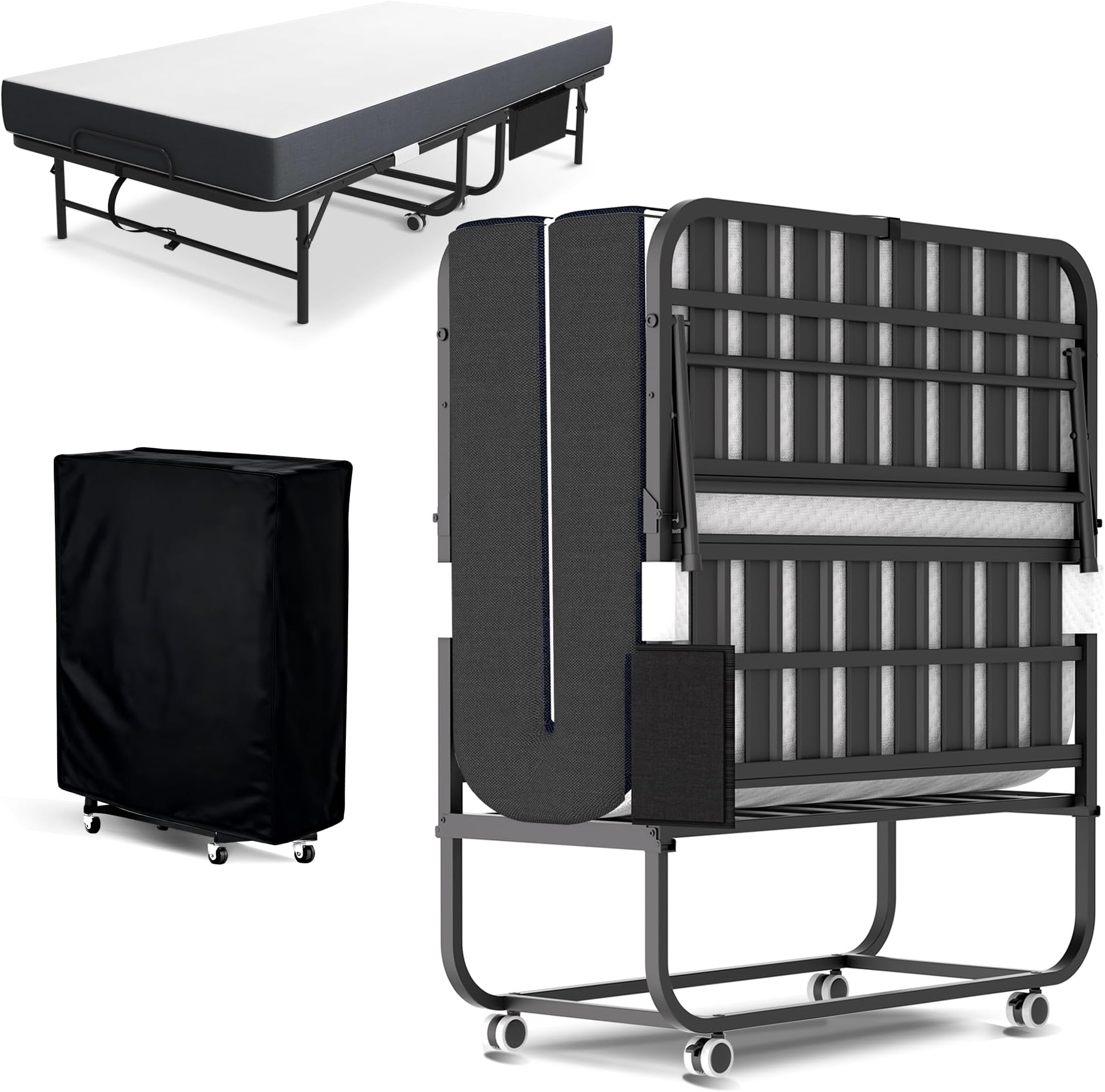 Folding Bed with Mattress,Rollaway 5-Inch Memory Foam Foldable Guest Bed for Adults,500lbs Capacity with Storage Cover and Sturdy Metal Frame,Side Storage Pocket,75"*31"