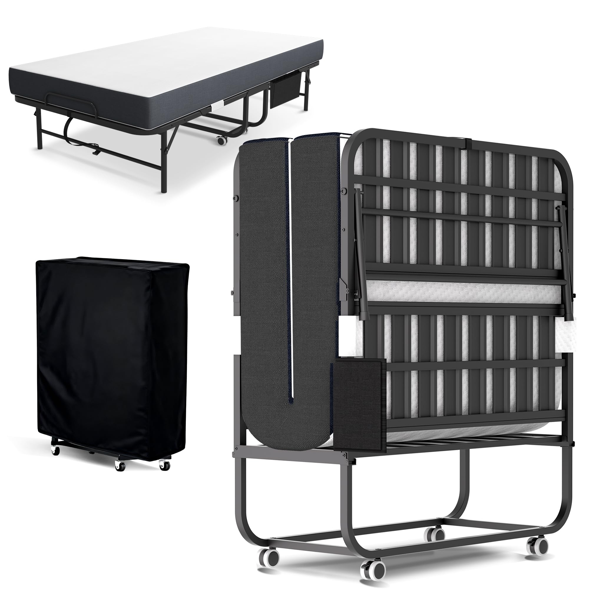 Folding Bed with Mattress,Rollaway 5-Inch Memory Foam Foldable Guest Bed for Adults,500lbs Capacity with Storage Cover and Sturdy Metal Frame,Side Storage Pocket,75"*31"