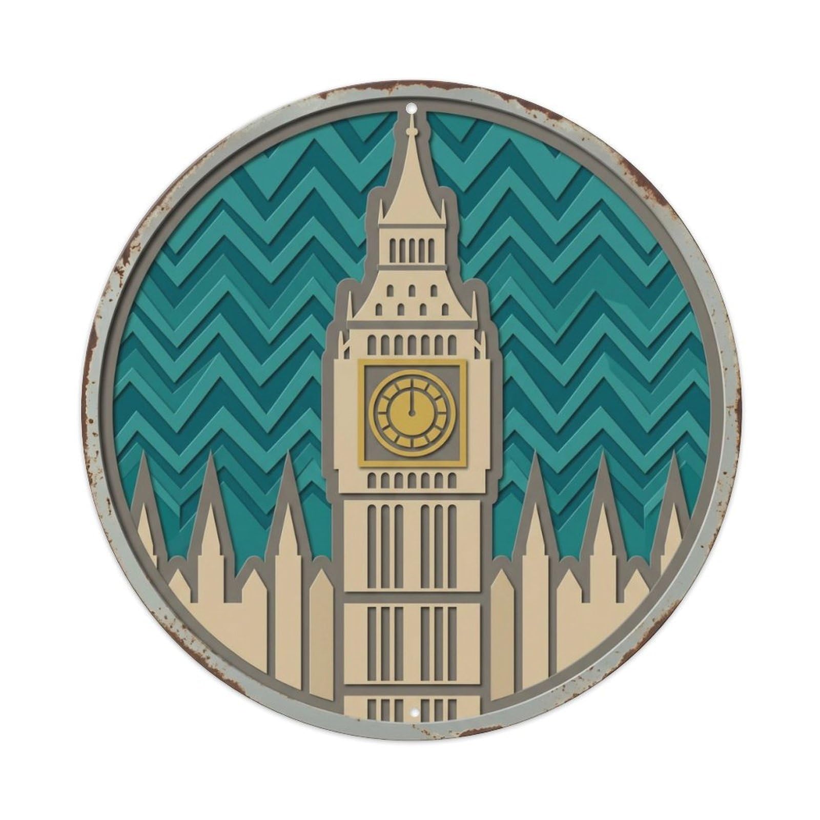 BigBen Layered Clocktower Travel 1 Metal Tin Sign Plaque Wall Decor for Cafe, Club Bar, Office, Home Garden Round Metal Poster 8x8Inch