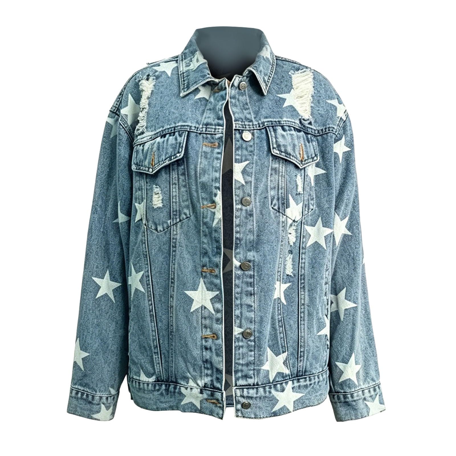 Chaqueta vaquera para mujer con estampado de estrellas y grietas, chaqueta vaquera Y2k Aesthetic | Chaqueta vaquera para mujer, estilo informal, larga, con bolsillo