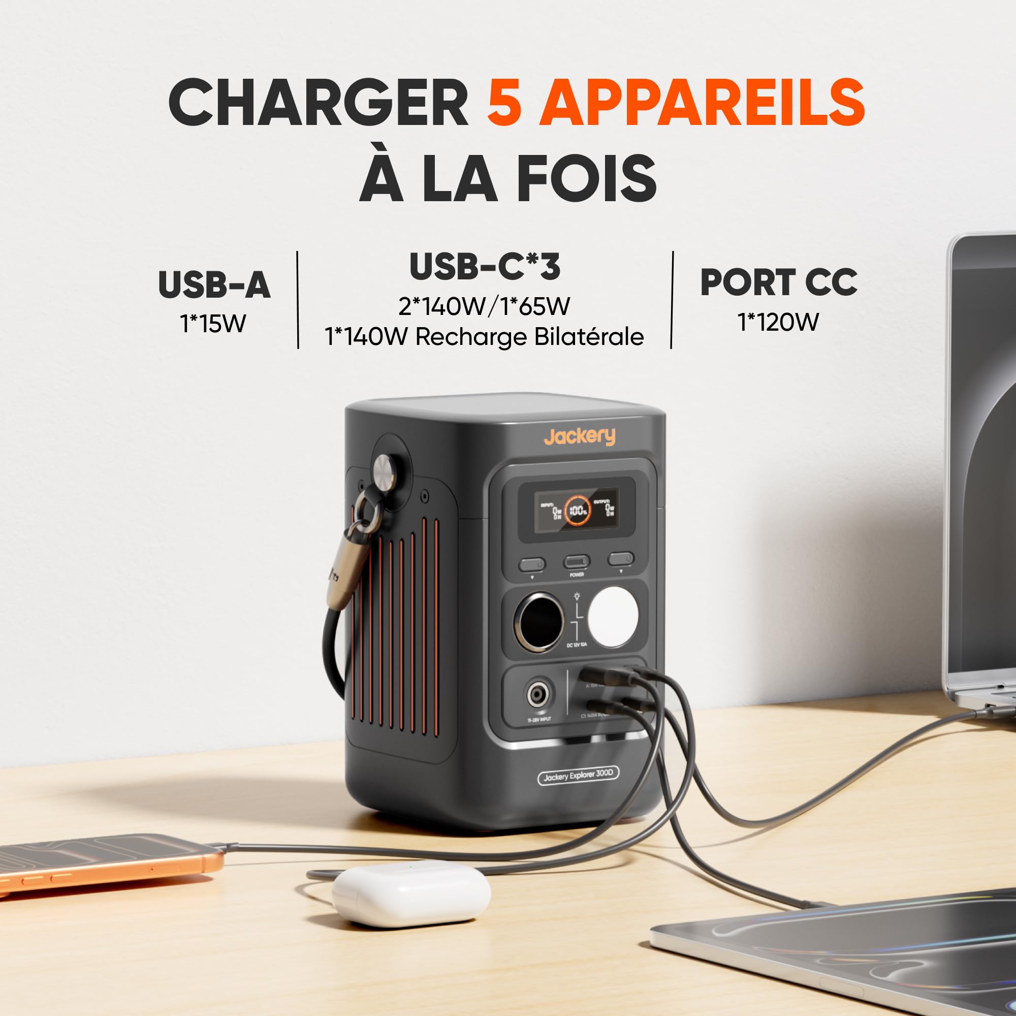 Jackery Explorer 300D Station Électrique Portable, 288Wh Batterie LFP, Câble 2 en 1 pour Porter et Charger, 5 Portes USB-C/USB-A/CC 300W, Générateur Solaire Léger pour Activité Extérieur, Télétravail