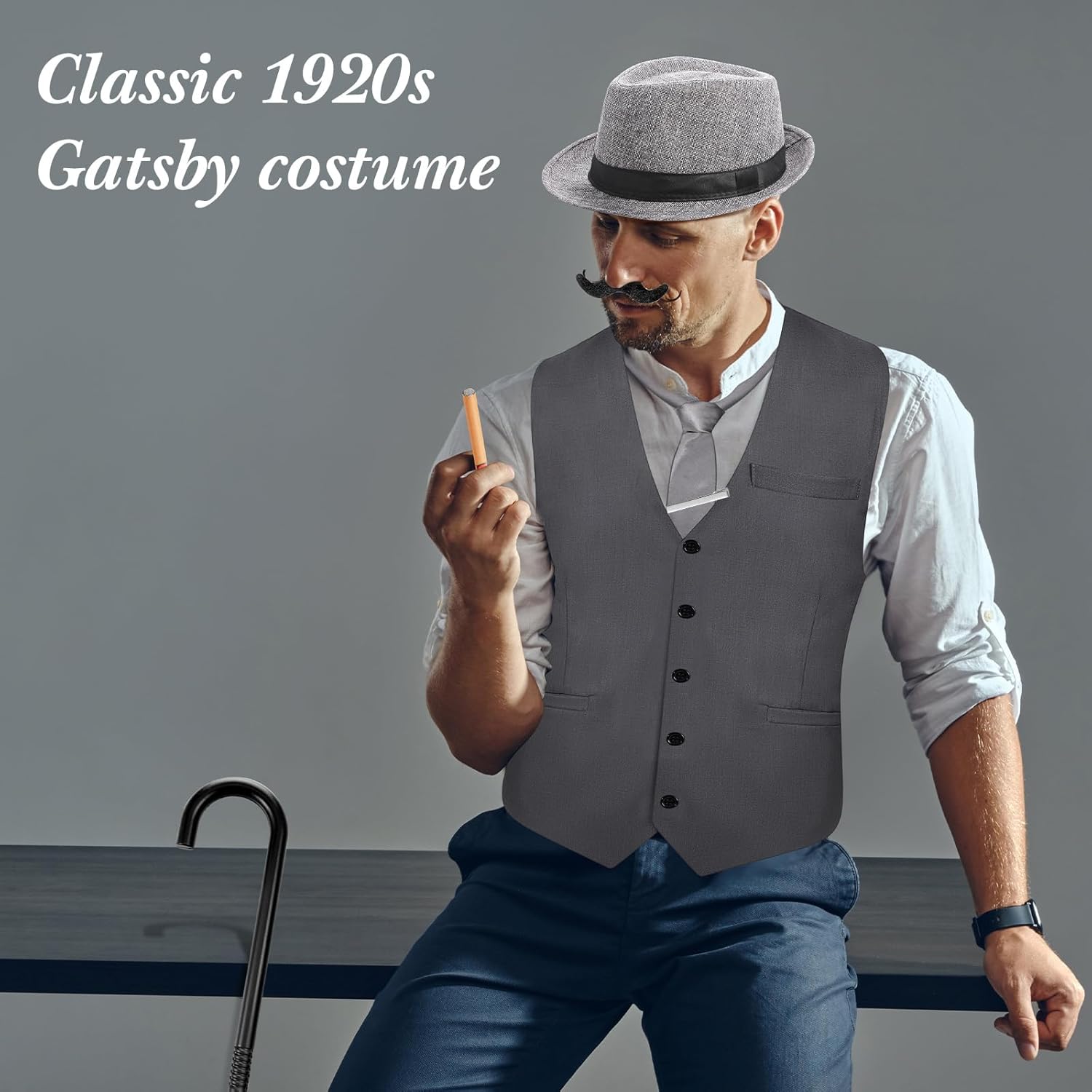 Neer 1920s Men Costume Accessories Outfit with Gangster Vest Hat Vintage Pocket Watch Bow Tie Suspenders Accessories - Image 2