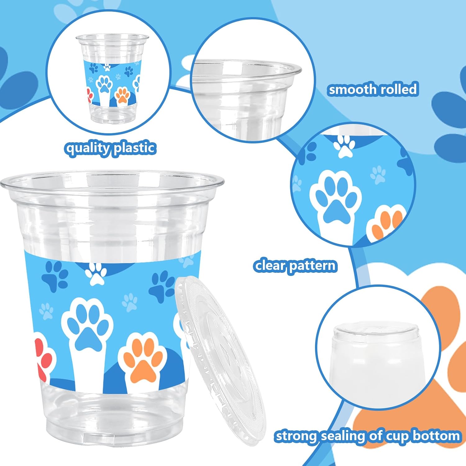 Whaline 50Pcs 12Oz Dog Paw Plastic Cups with Lids & Straws Blue Orange Paw Print Disposable Drinking Cups for Birthday Baby Shower Party Supplies - Image 3