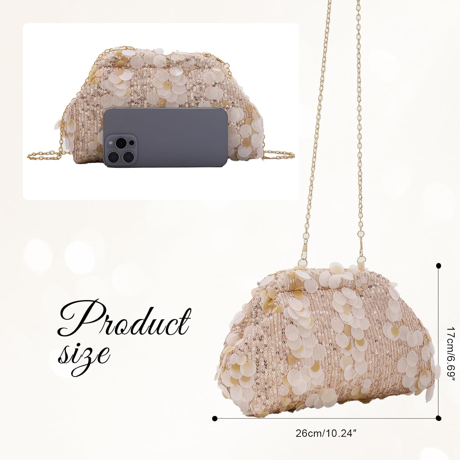 Emprier Sequin Cloud Clutch Bag, Sparkling Dumpling Evening Purse with Chain Strap, Elegant Wedding Party Handbag