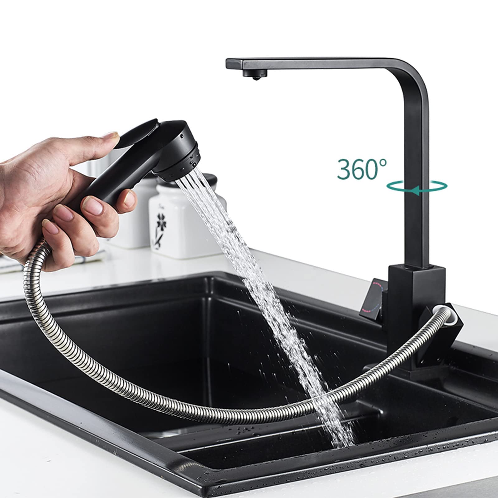 Grifo Cocina Extraible Negro Latón Caliente y Fría Agua Giratorio Multifunción Grifo para Cocina Fregadero
