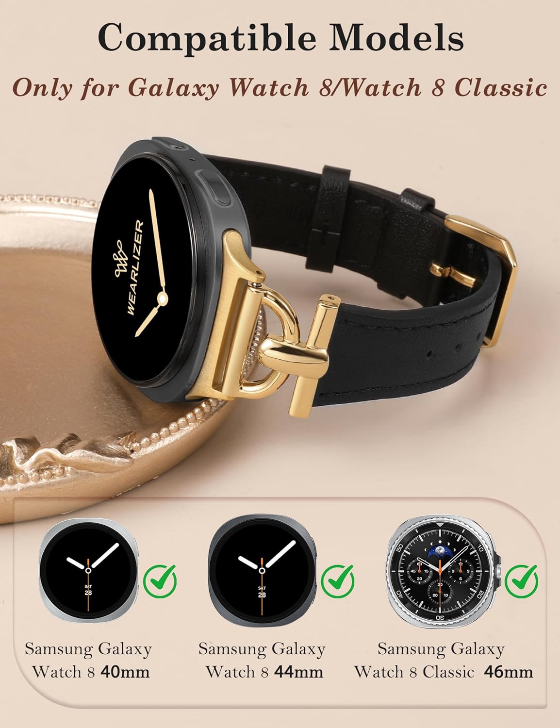 Wearlizer Leather Bands Compatible with Samsung Galaxy Watch 8 Band 40mm 44mm/Watch 8 Classic 46mm, Dressy Designer Slim Leather Strap Wristband Accessories with D-Shape Metal Buckle for Women - Image 2