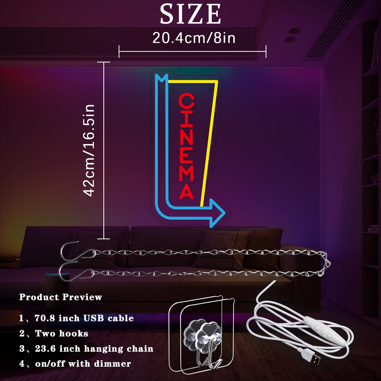 Cinema Freccia Neon Sign Dimmerabile Lettera Neon Light per la decorazione della parete Cinema Insegne al neon per Home Theater Sala cinema Teatro Commerciale Cinema Porta Decorazione