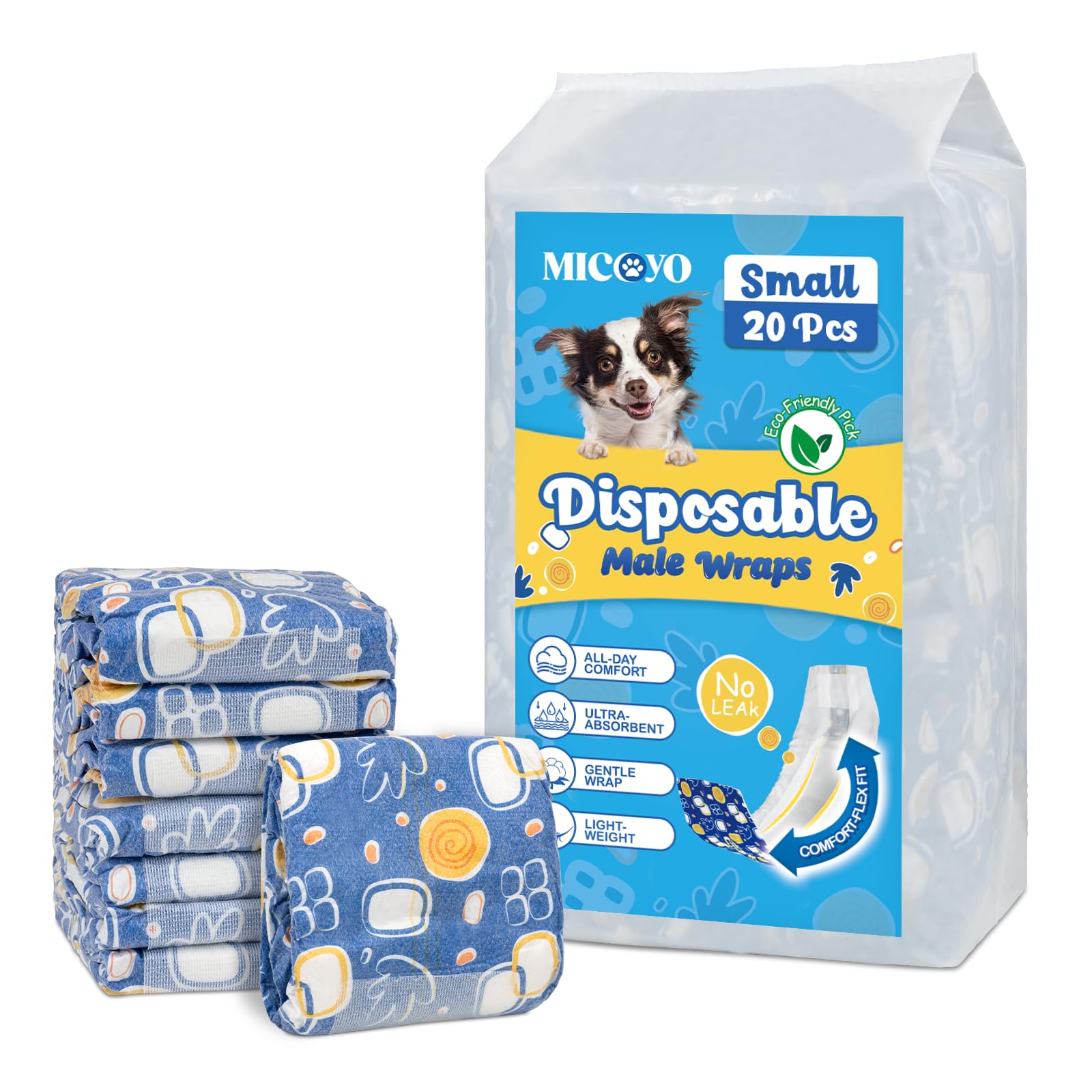 MICOOYO Dog Nappies Male Disposable, Super Absorbent Male Dog Wraps, Belly Bands for Dogs with Wetness Indicator, Doggy Diapers for Incontinence Marking(S, 20Pcs)