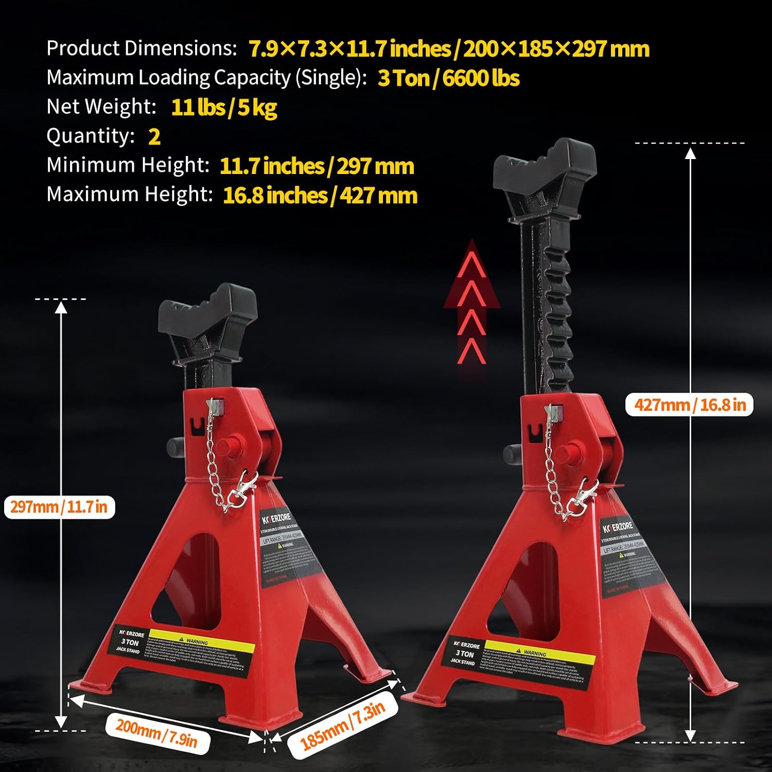 3 Ton Jack Stands, 1 Pair Heavy Duty Steel Car Jack Stands with Double Locking Pins, Adjustable Height for Cars, SUVs, Sedans and Vehicle Repair Maintenance(Red)